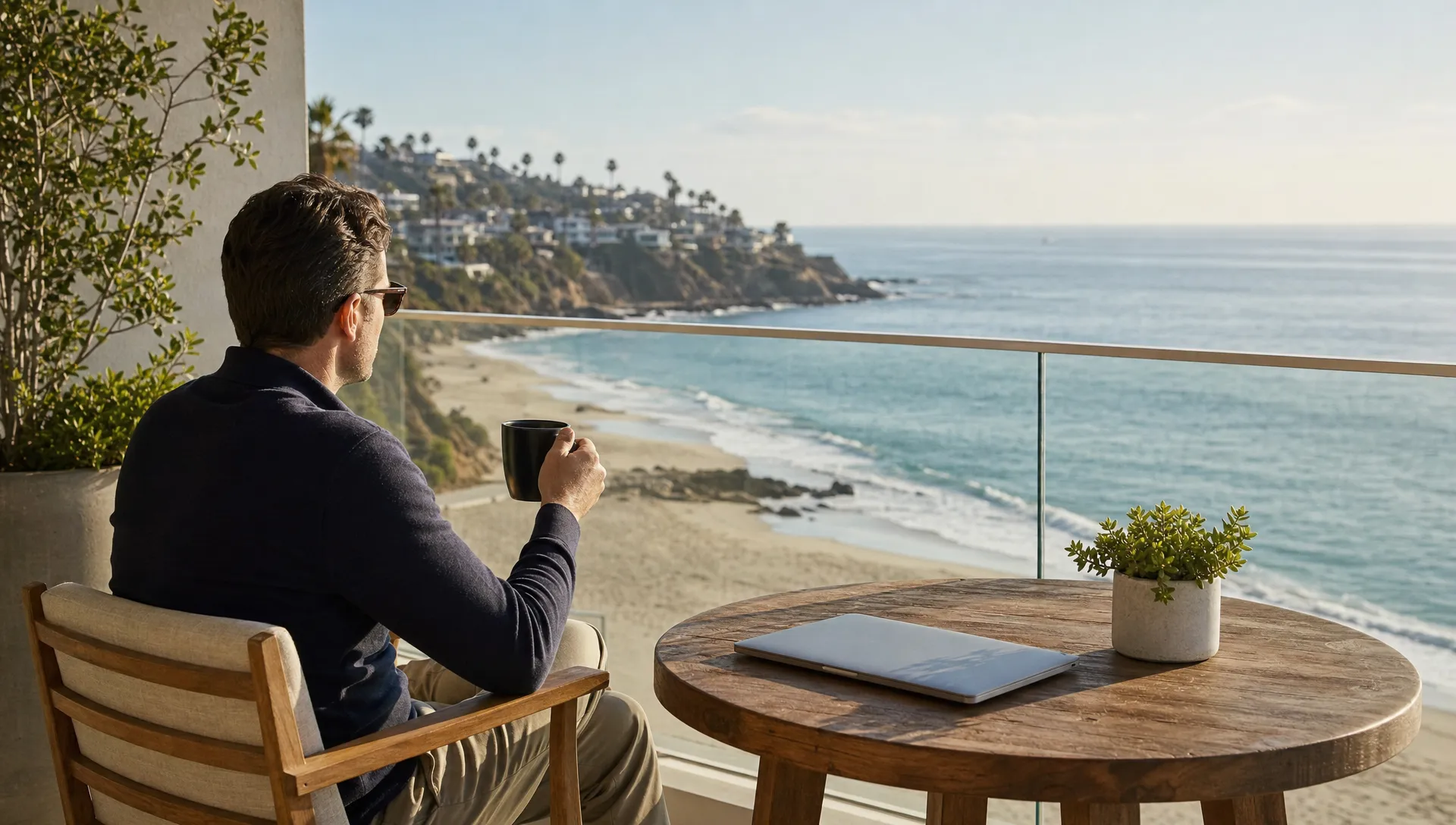 Executive traveler on a private Laguna Beach balcony with morning coffee, a closed laptop, and a quiet coastal view.
