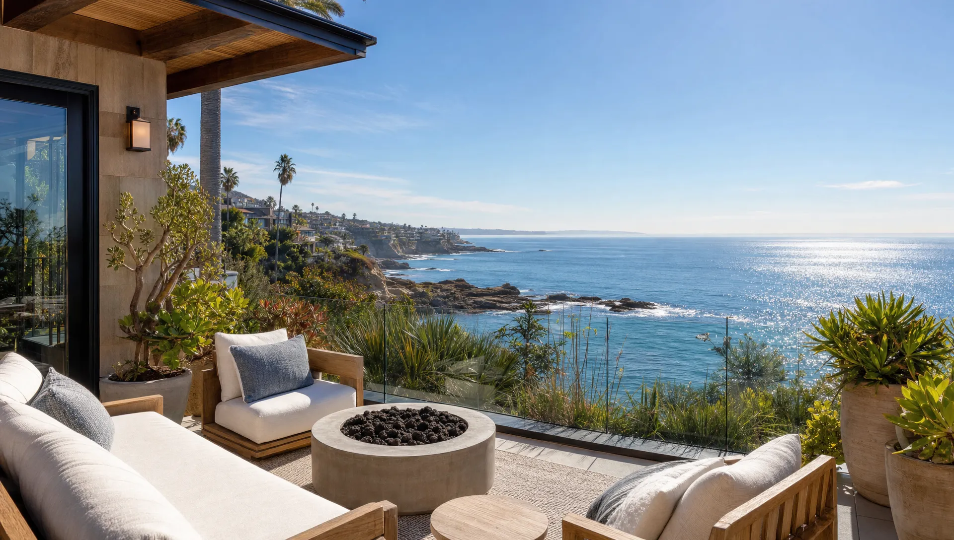 Private Laguna Beach terrace with ocean views, lounge seating, coastal plants, and a secluded outdoor area.