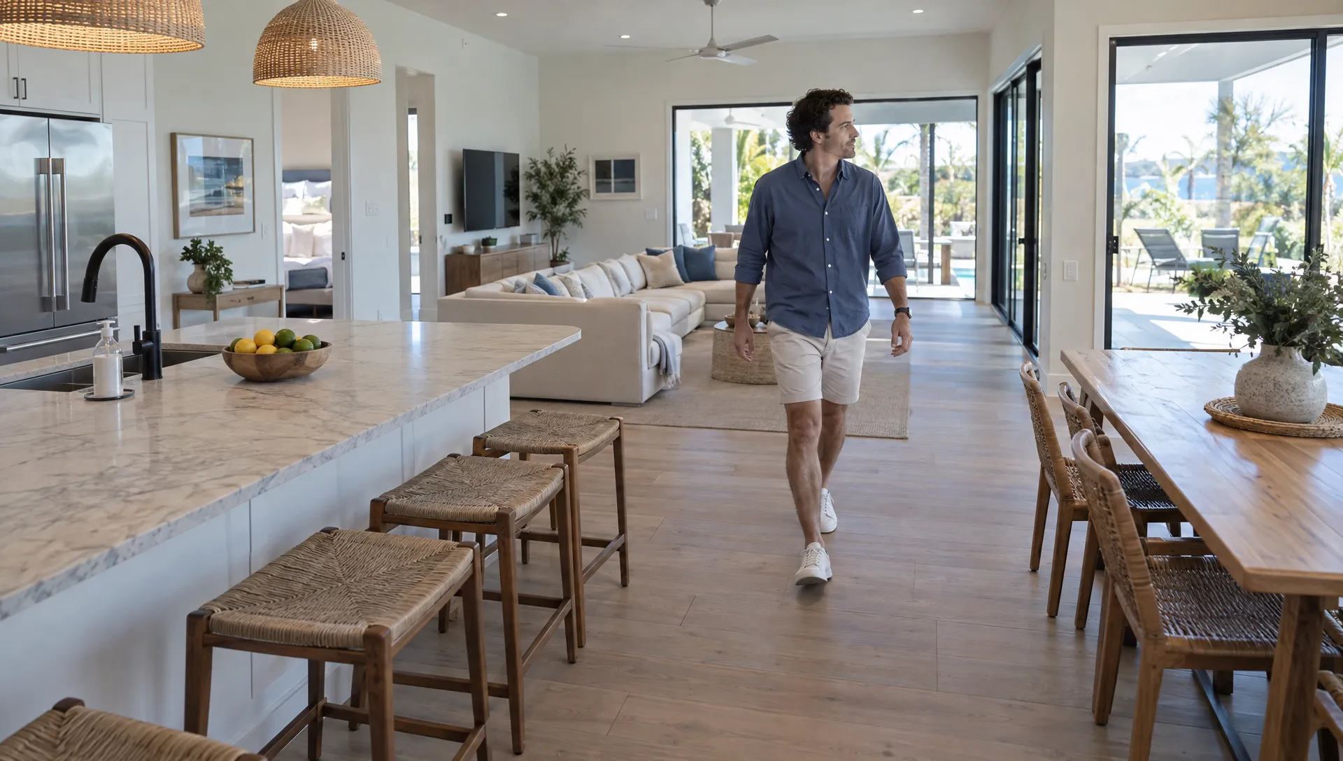A traveler checks the connected rooms of a private vacation home, assessing the space and amenities described in guest reviews.