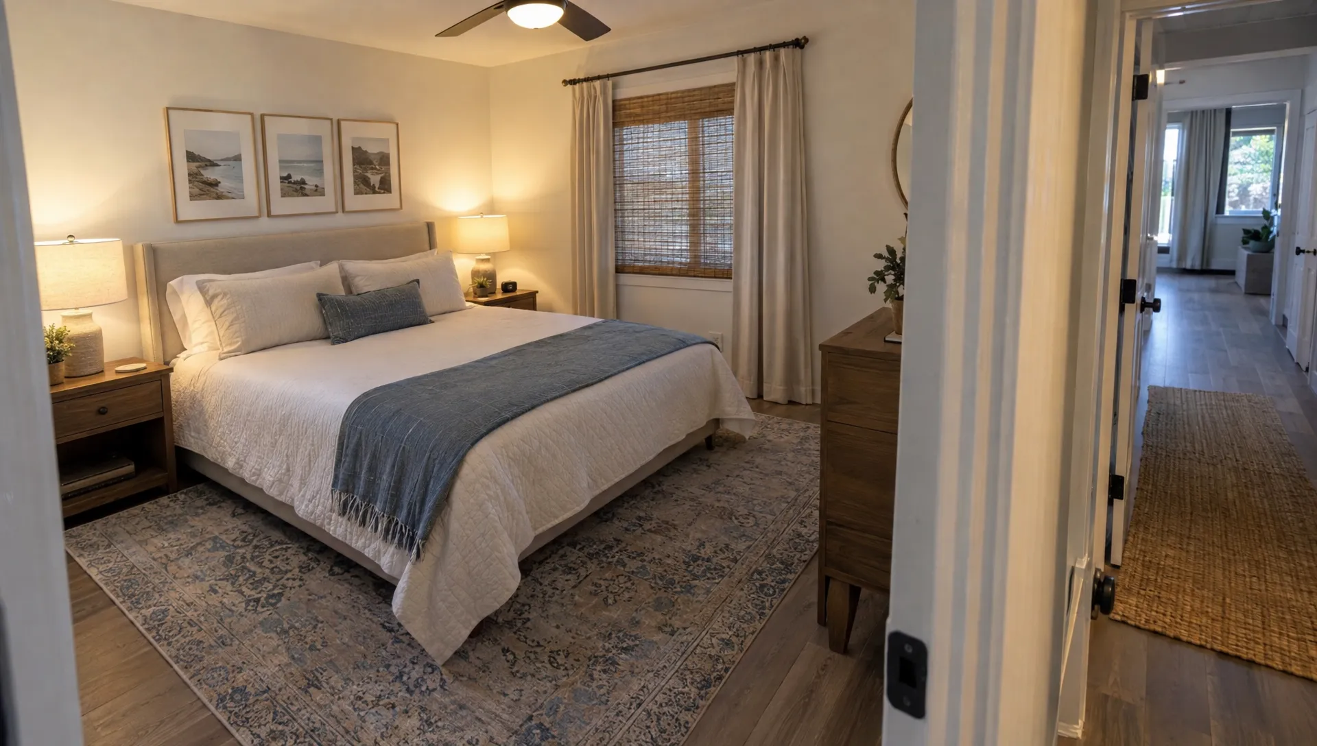 A private vacation-home bedroom has a made bed, bedside lights, window coverings, and room for luggage beside the hallway.
