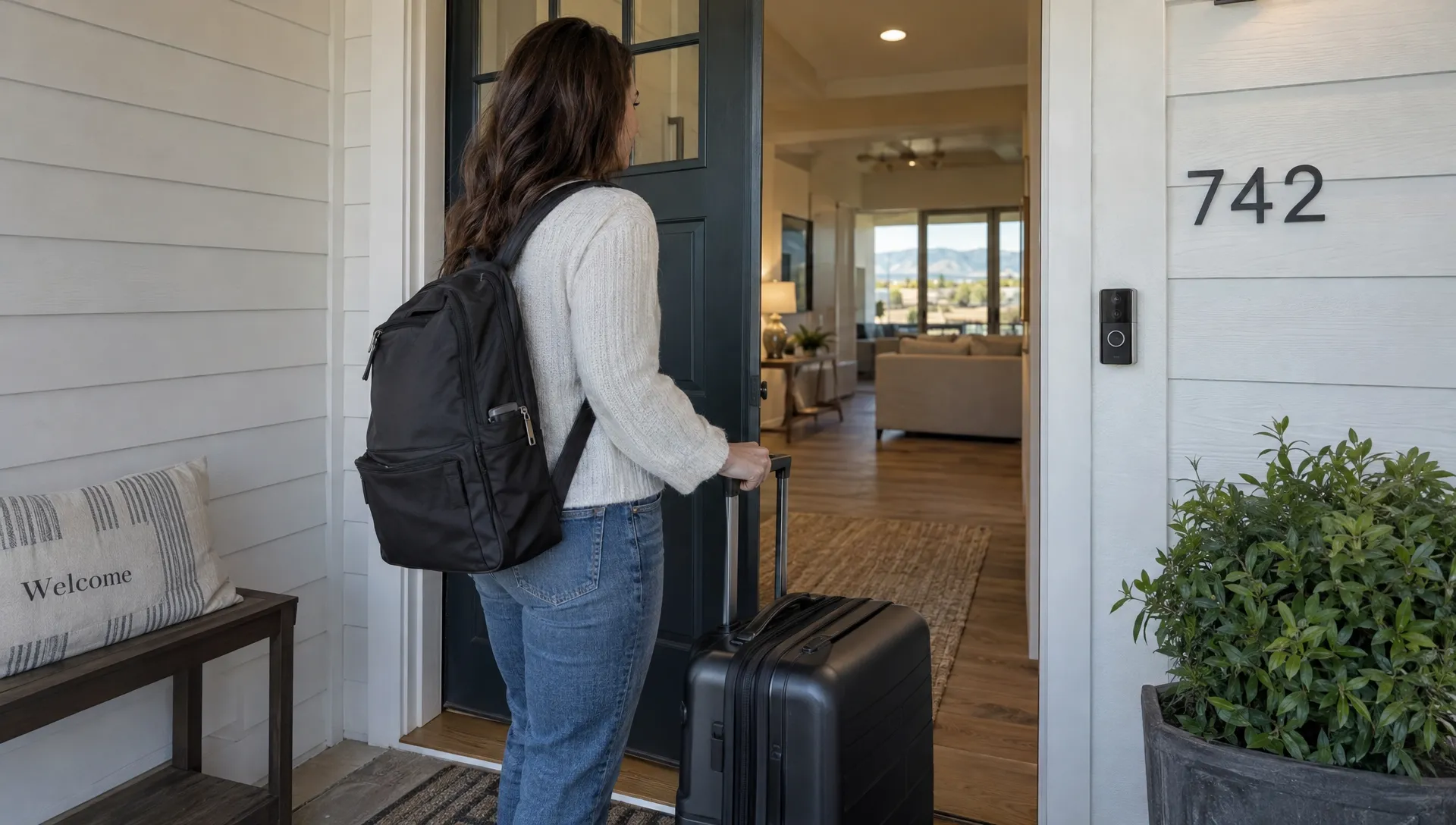A traveler arrives at a private vacation home with a suitcase beside the keypad lock, a useful detail to check in rental reviews.