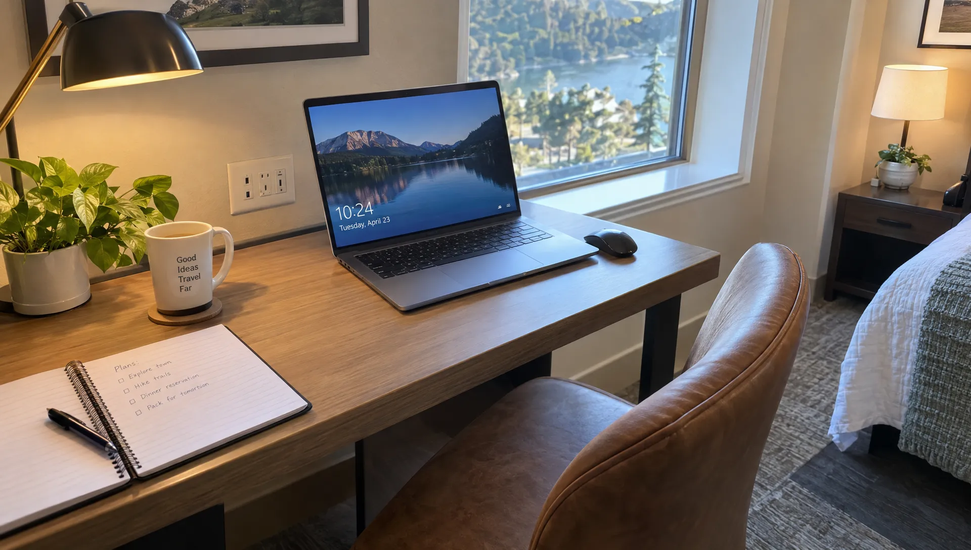 A vacation-home desk has an open laptop, a supportive chair, a lamp, and accessible outlets for an extended working stay.