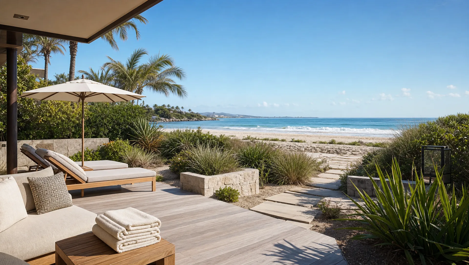 Luxury beach accommodation with private outdoor seating, folded towels, shaded lounge chairs, and an easy path toward the sand at a refined coastal vacation home