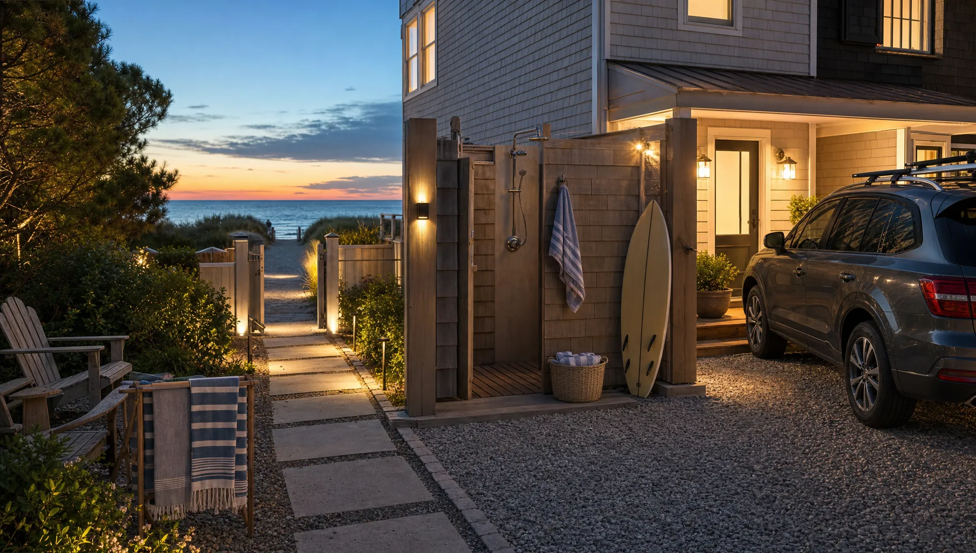 A wide coastal evening scene centered on a private beach house’s exterior path and entry courtyard, with a few beach chairs, rinsed towels on a drying rack, an outdoor shower, and a clearly usable parking area visible near the home. The sand and shoreline are present only as a nearby destination beyond the property, not the focus. No people visible. The composition should emphasize practical beach access, privacy, and the ease of returning from the shore to a well-run private home.