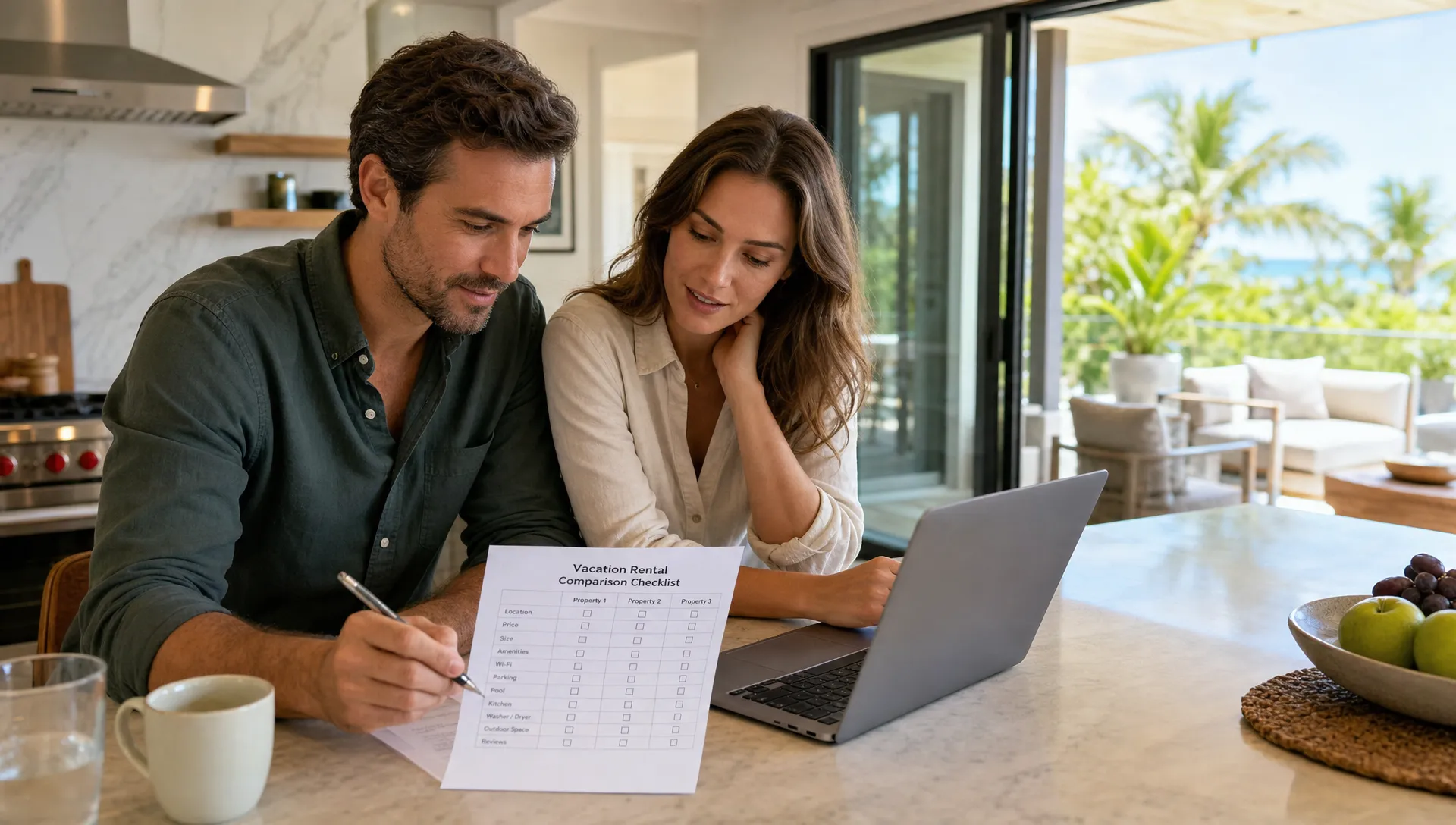 A couple comparing vacation rental properties with a printed checklist at a bright kitchen island in a private luxury home, with a patio and outdoor seating visible through open glass doors.