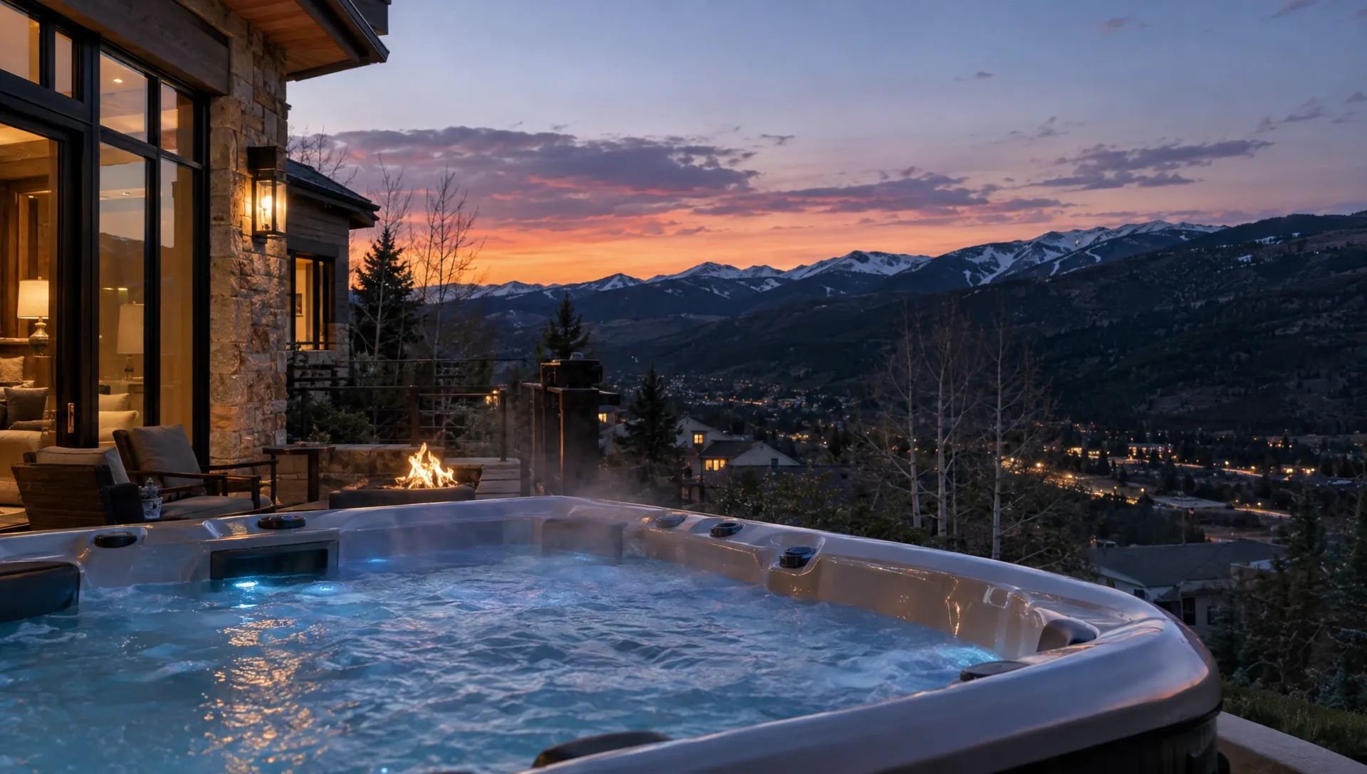 An outdoor hot tub beside an Edwards mountain home looks toward the valley as dusk settles over the peaks.