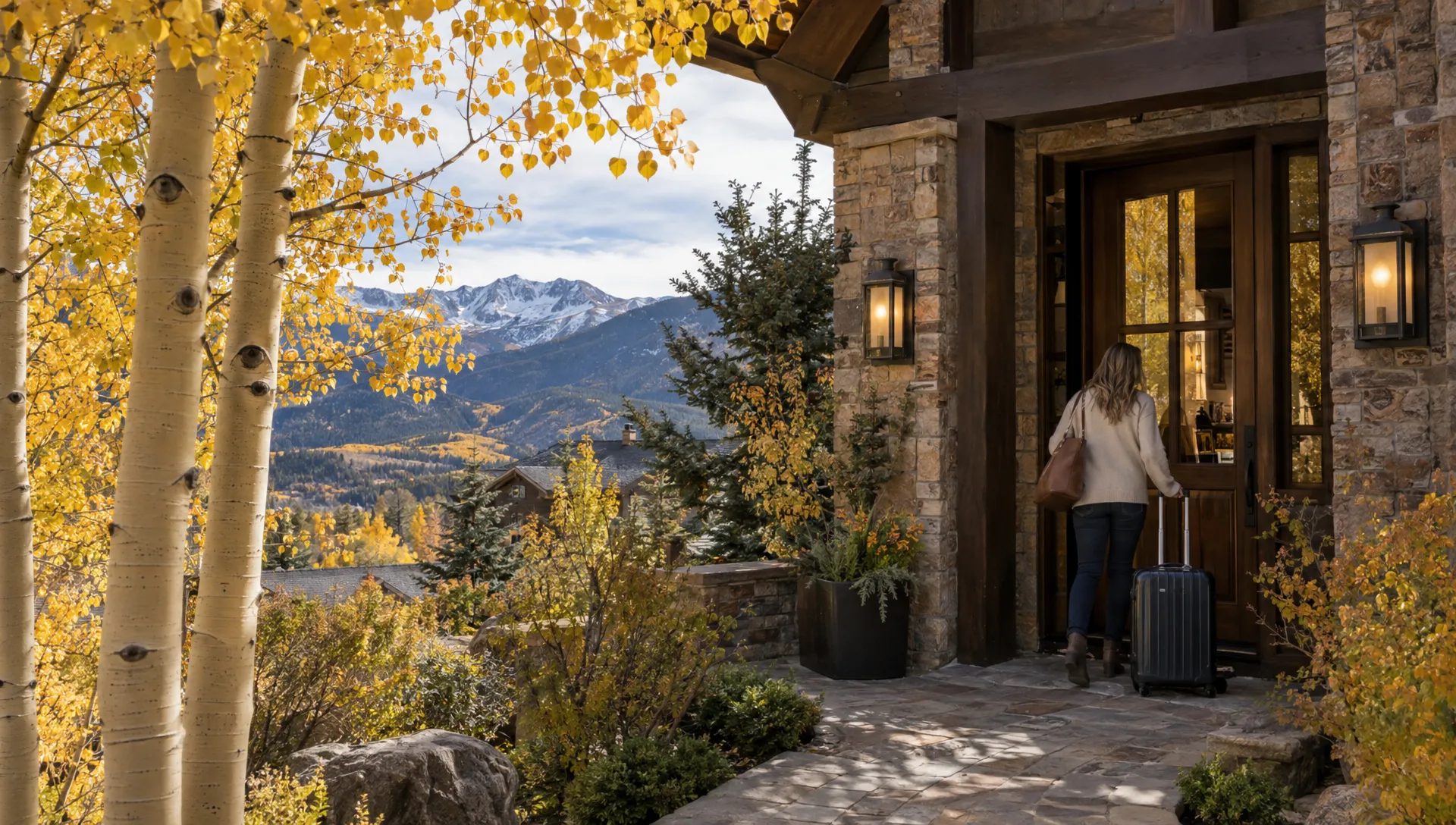 Golden aspens frame an Edwards mountain home's entry, where a traveler sets down a suitcase beneath peaks dusted with early snow.