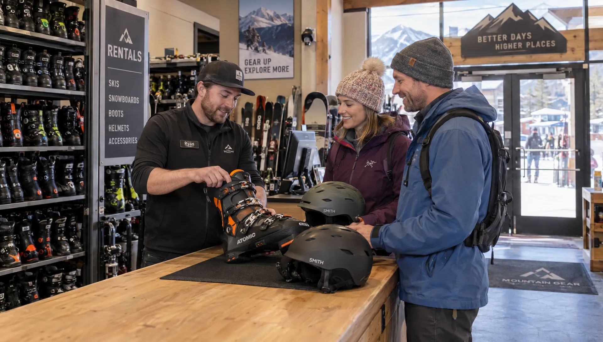 Adult travelers check ski boots and helmets with a shop employee before heading out for a Colorado mountain day.