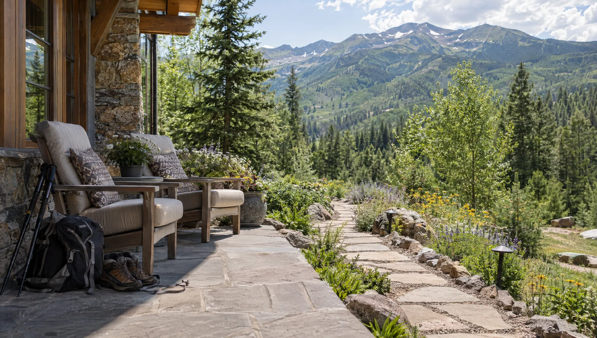 Shaded chairs on a Colorado mountain home's patio sit beside hiking shoes and a garden path, with green alpine slopes beyond.