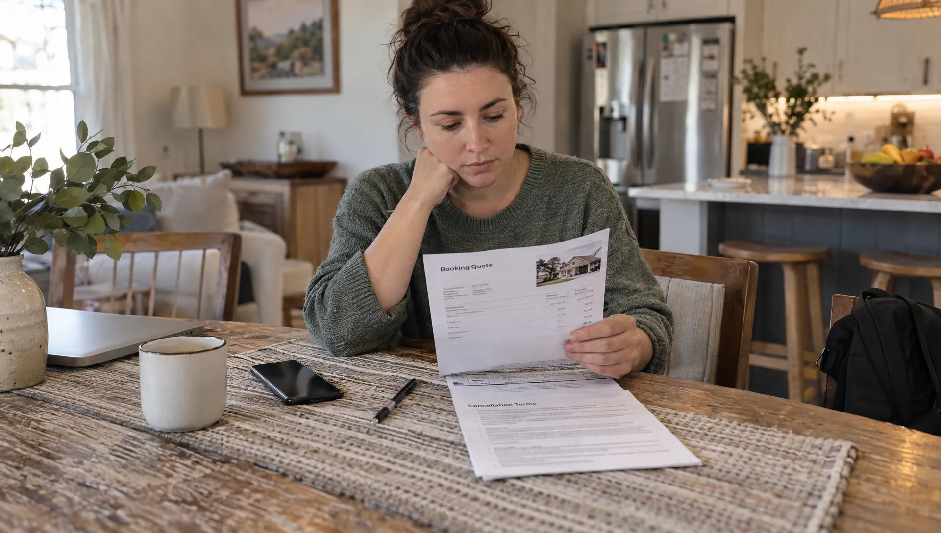 A traveler reviews vacation rentals websites terms and an itemized quote at a home's dining table.