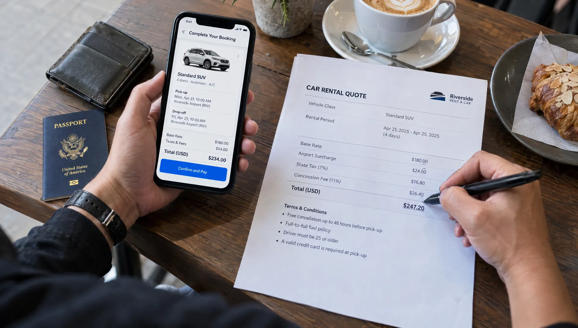 A traveler checks a vacation rental checkout total on a phone while marking an itemized quote.
