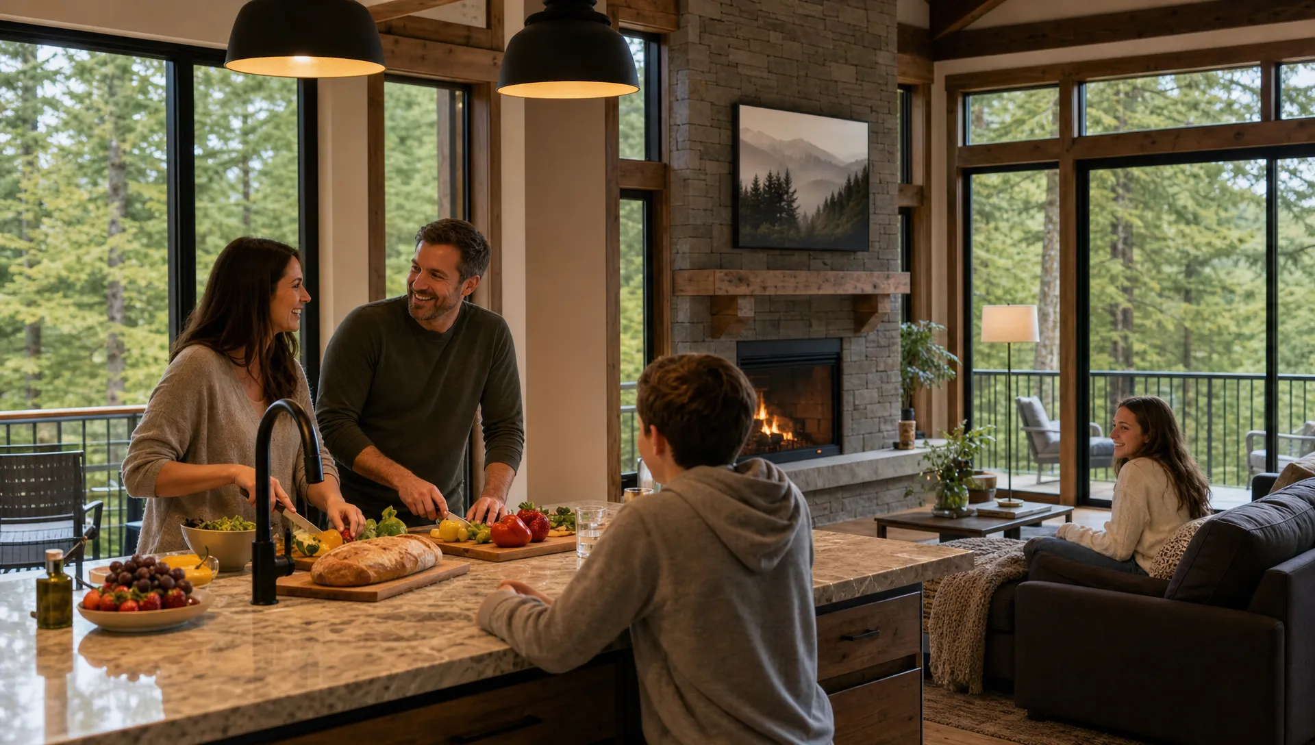 A family gathers in an Oregon vacation home kitchen and living room with large windows and forest views.