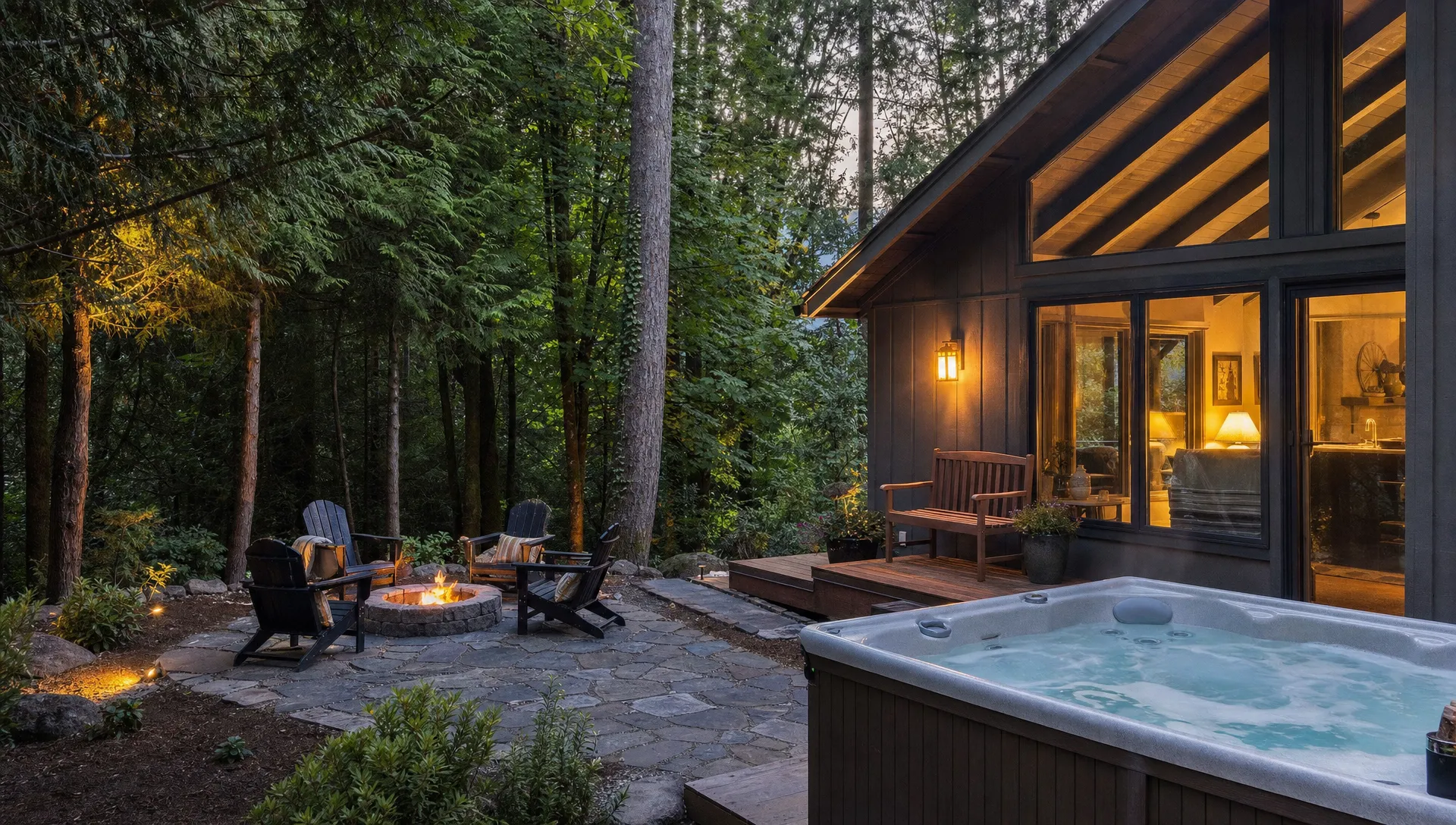 An Oregon vacation home with a private hot tub, evergreen trees, and a quiet outdoor seating area near Beaverton.