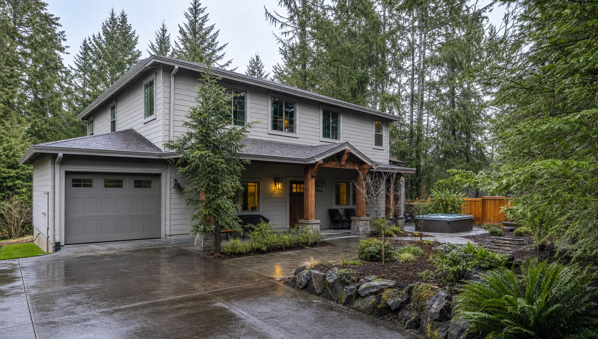 A quiet Oregon vacation home in Beaverton with a covered entry, wooded surroundings, and a private patio area.