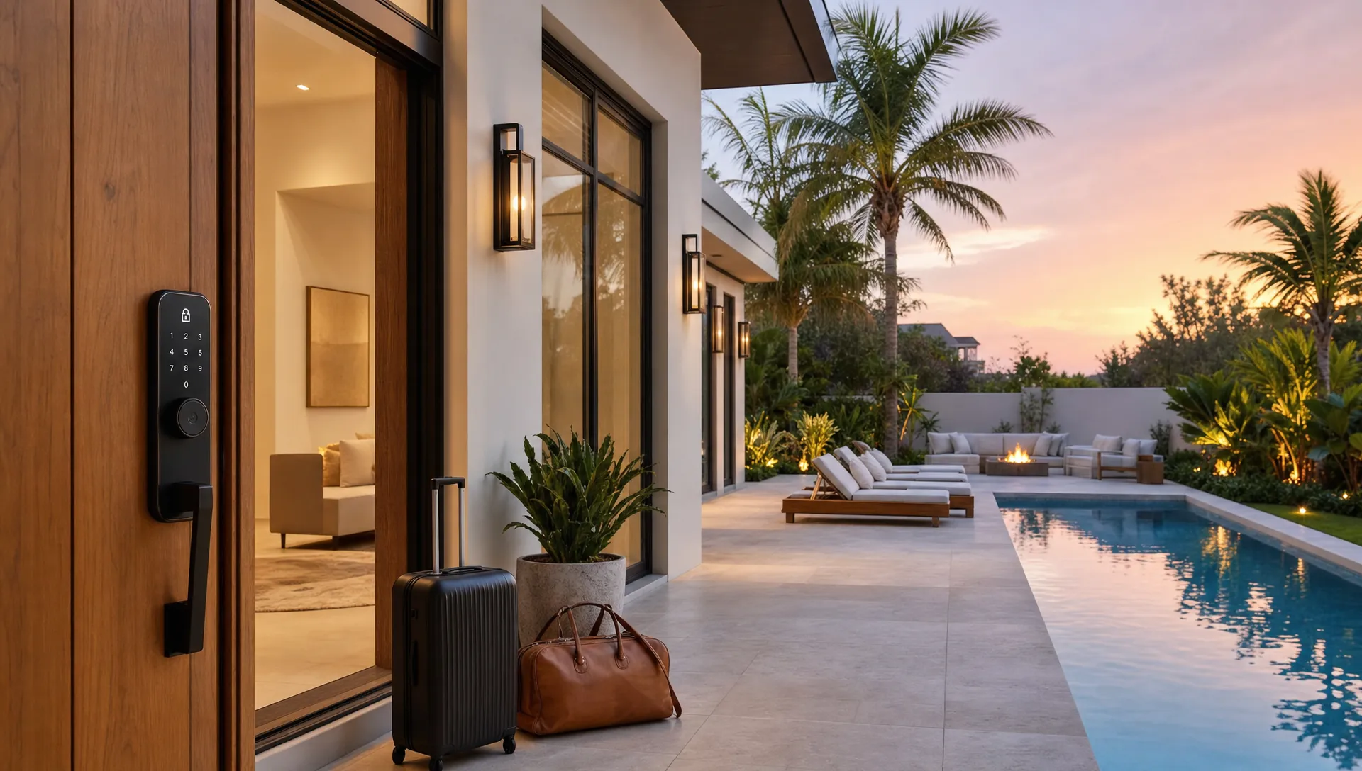 A private luxury vacation home is staged for guest arrival with the pool, smart lock entry, and outdoor lounge ready.