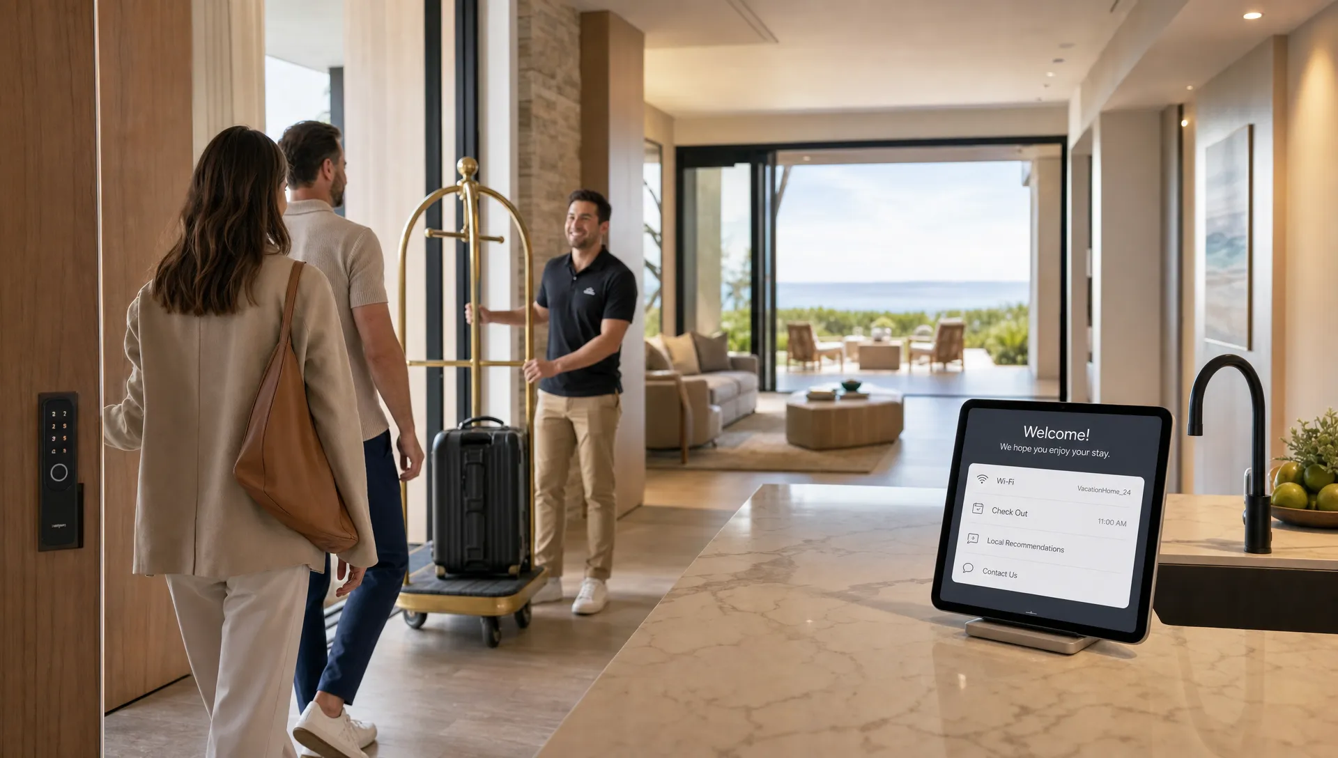 Two adults check into a luxury vacation home with luggage, a tablet on the island, and a smart lock by the entry.