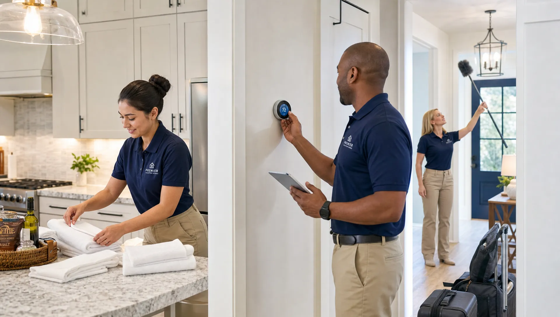 Luxury vacation rental management services team preparing a home for guest arrival with fresh linens, stocked kitchen items, a smart thermostat, and exterior lights checked in a bright kitchen and hallway