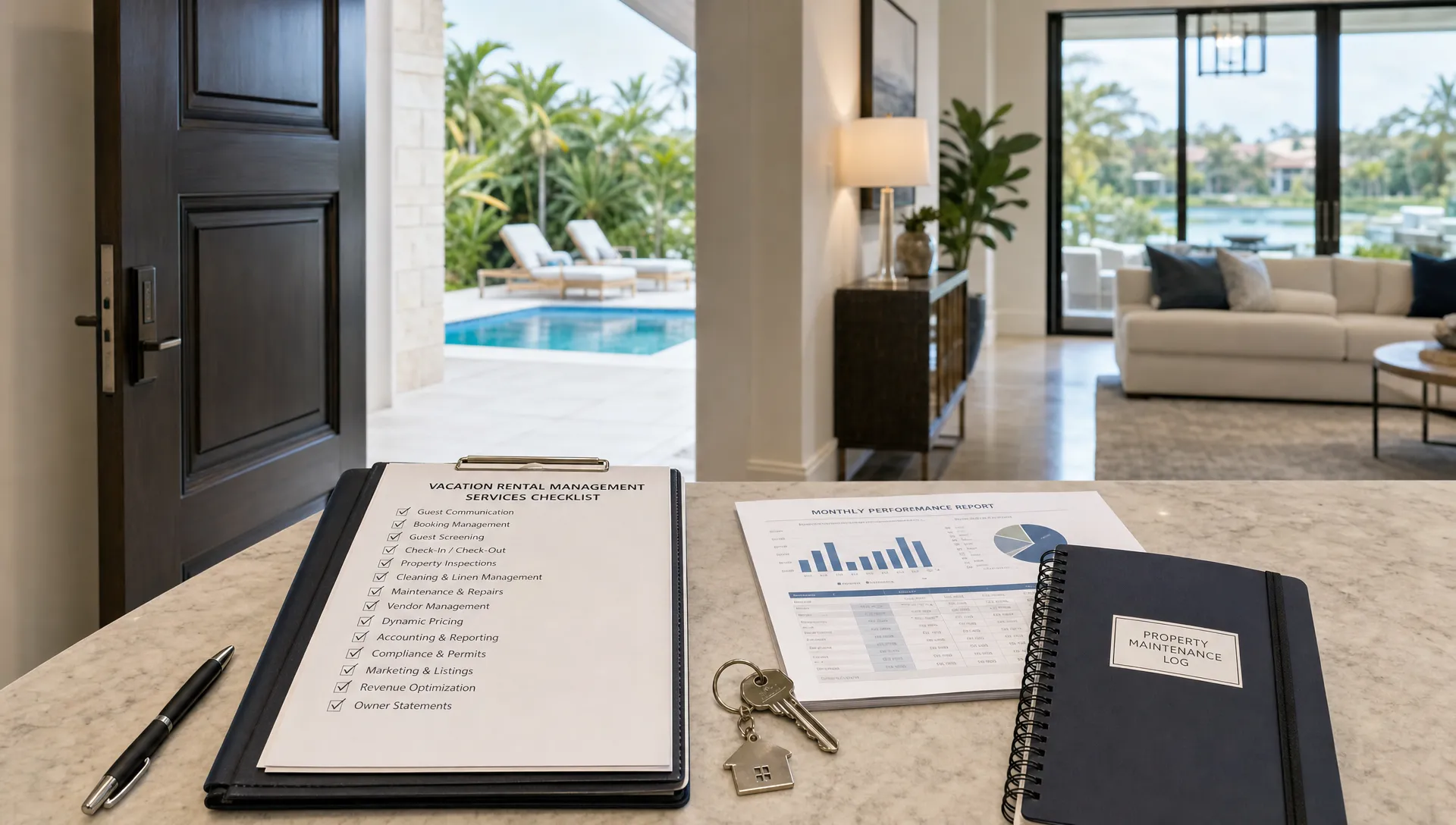 Vacation rental management services checklist for a luxury home with a house key, reporting documents, a maintenance log, and visible pool patio access from the entry area