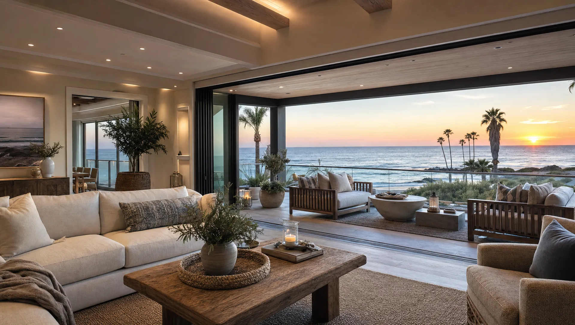 A private coastal living room opens to an outdoor terrace, reflecting the privacy and comfort travelers want in California luxury rentals.