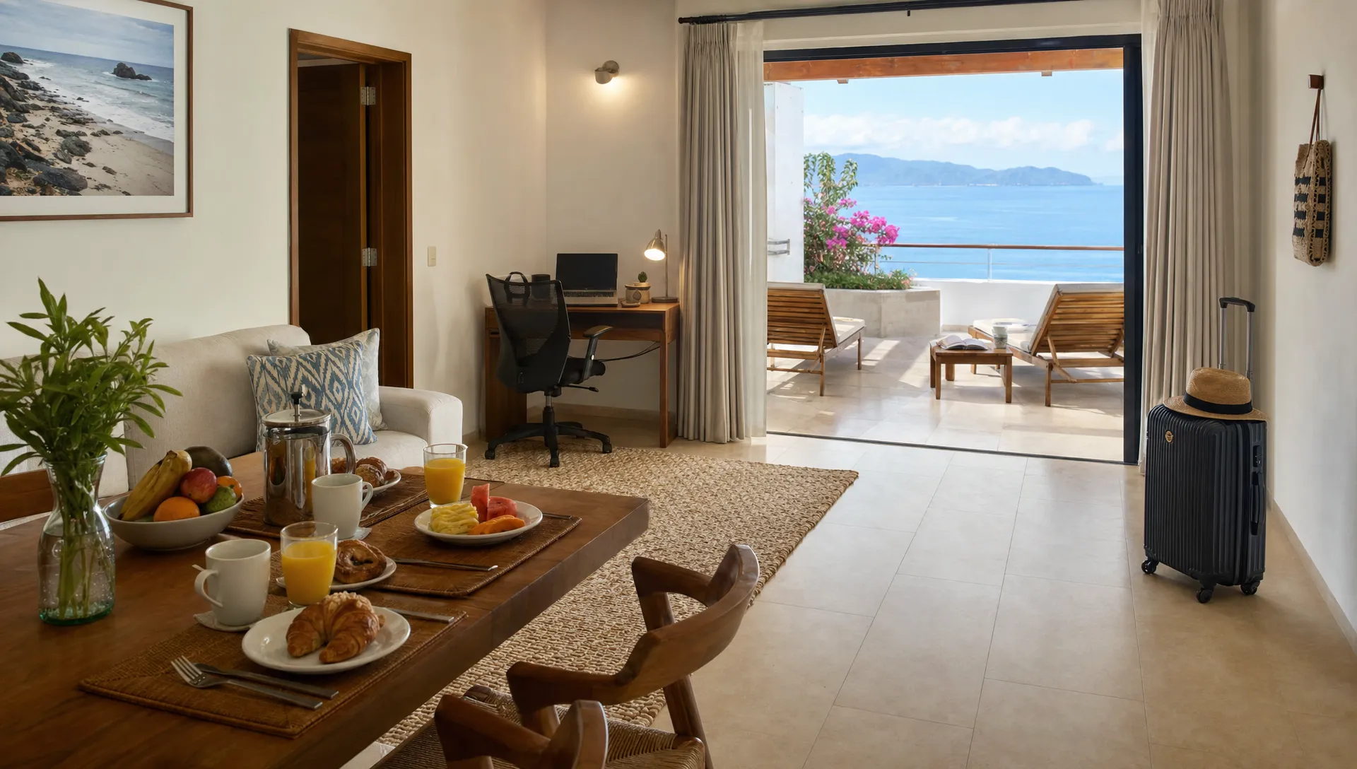A coastal living room with breakfast set out, a suitcase, and a work-ready laptop shows a dependable California stay.