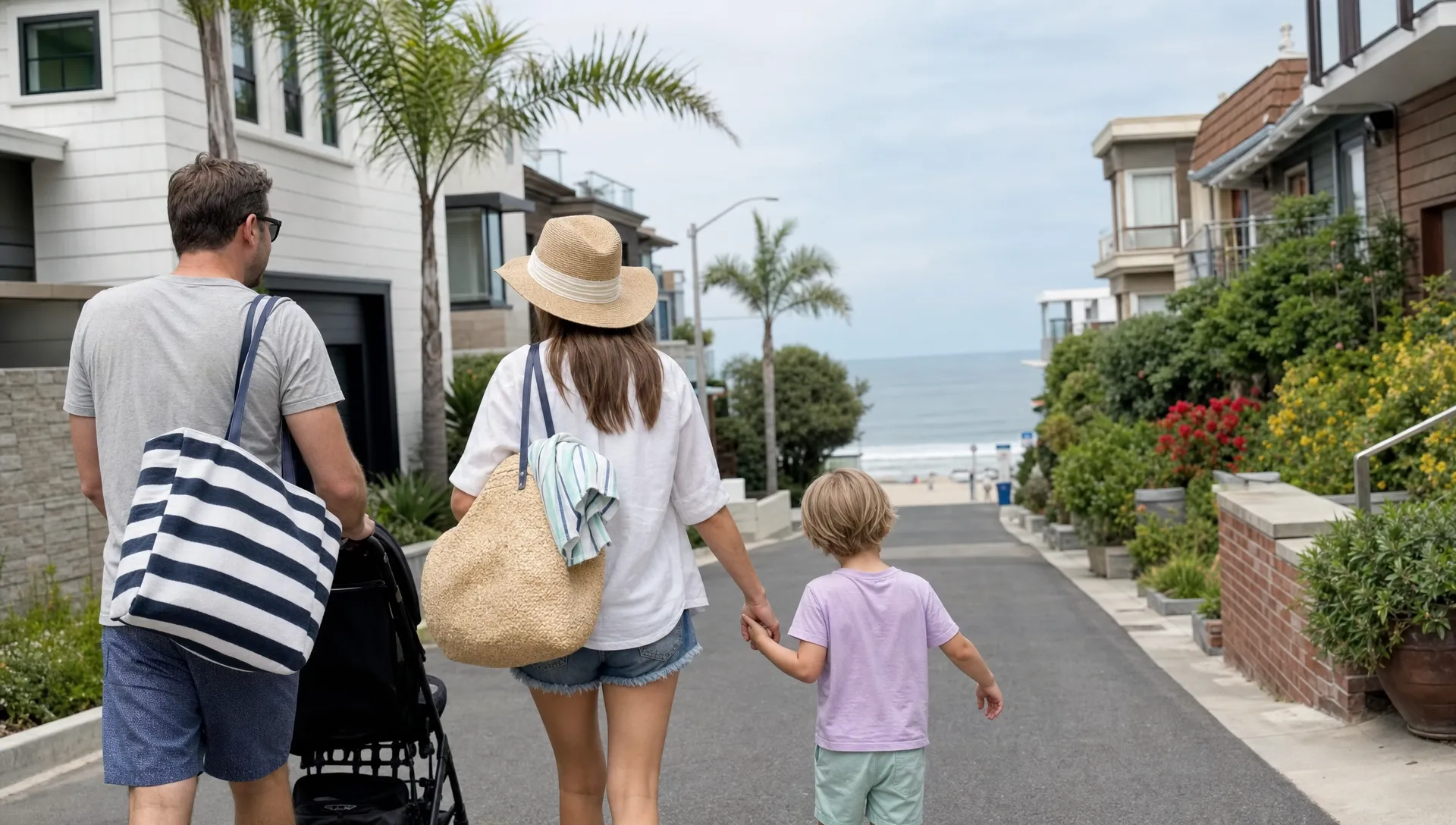 A family outside a private Manhattan Beach vacation home, carrying beach bags and a stroller while heading down a quiet residential street toward the beach path.