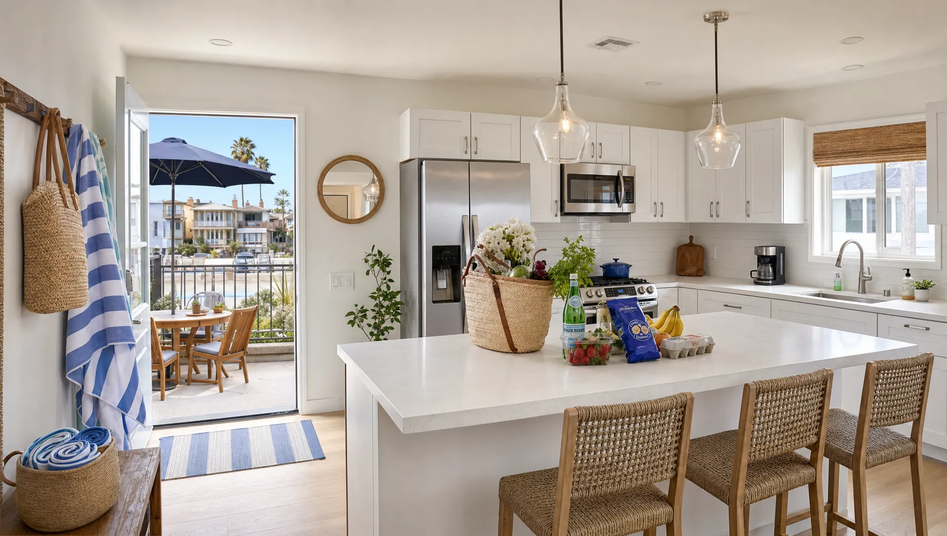 A family-friendly Manhattan Beach vacation rental kitchen with groceries on the counter, beach towels near the entry, and an open patio door leading to a small outdoor dining area.