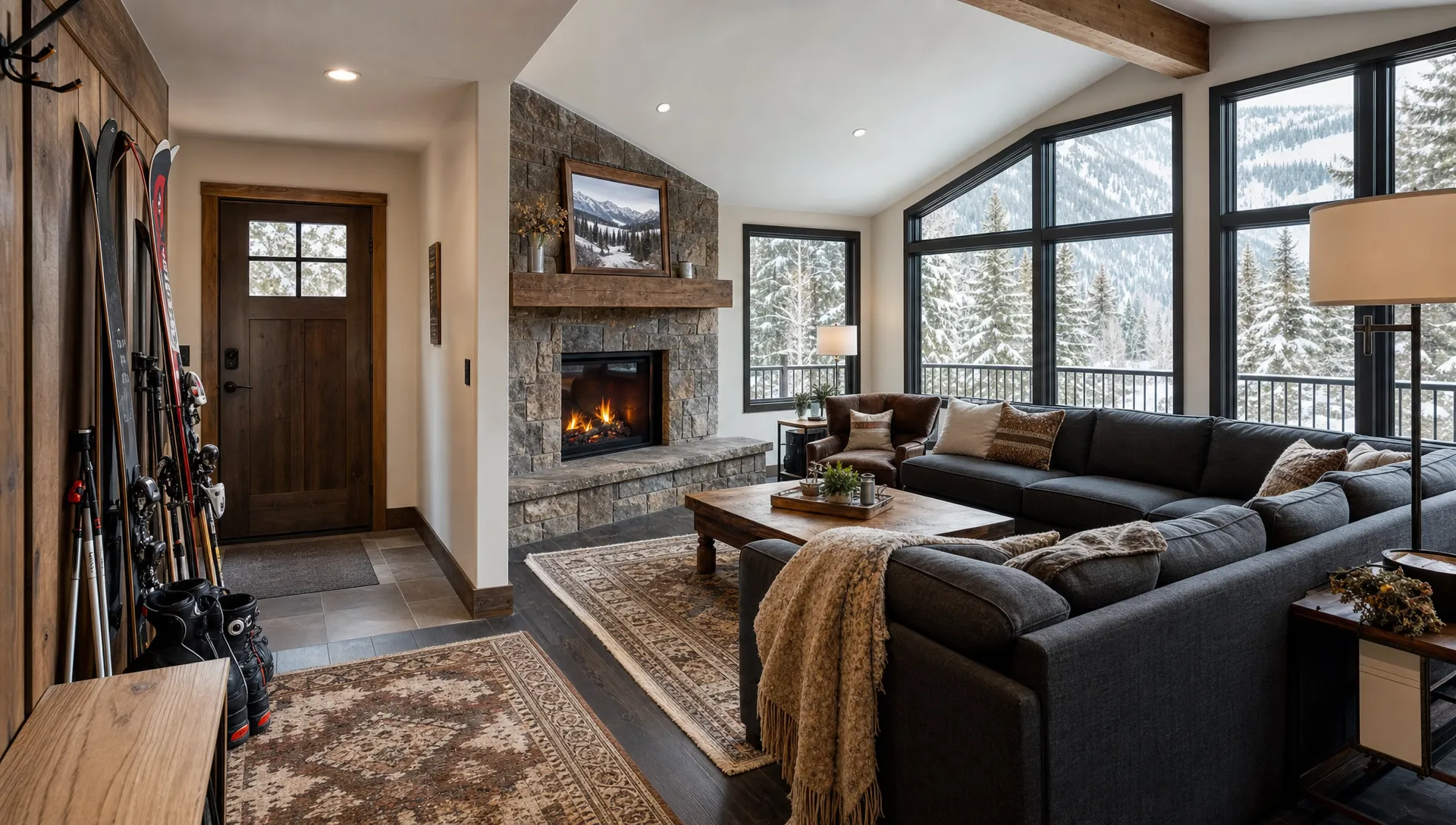 Colorado vacation rentals living room with fireplace, ski gear stored neatly by the entry, and large windows facing snowy mountain trees, shown from a corner angle inside a private home for a winter ski week