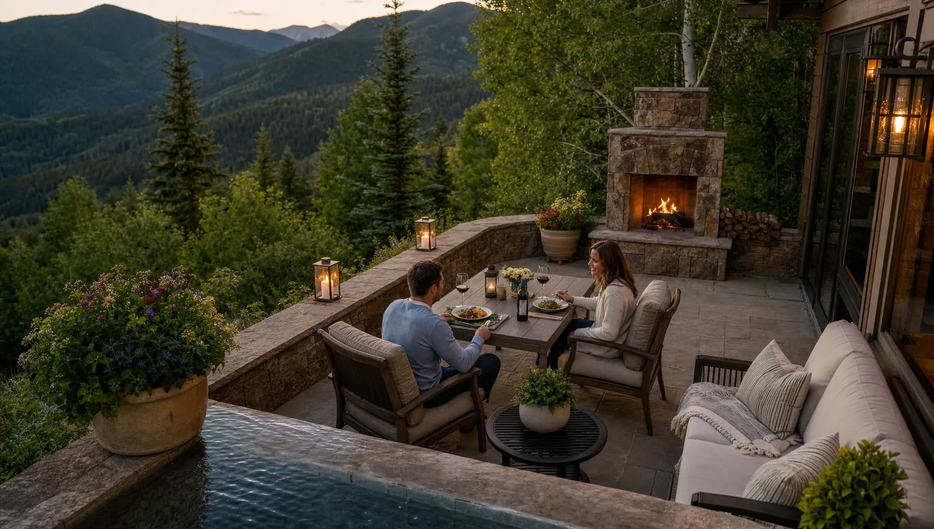 Couple enjoying a private outdoor patio at a Colorado luxury vacation rental in summer, viewed from overhead with mountain views, comfortable seating, greenery, and an evening meal setting