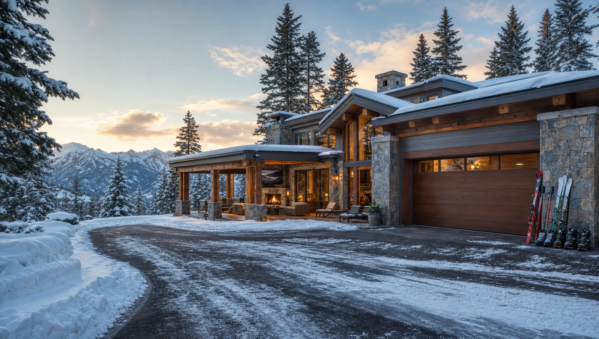 A wide mountain-home exterior scene in Colorado with a private luxury rental facing snowy pines and distant peaks, a plowed driveway, a garage with skis and boots neatly staged nearby, and a covered outdoor seating area suggesting both winter access and summer use, with no people visible.