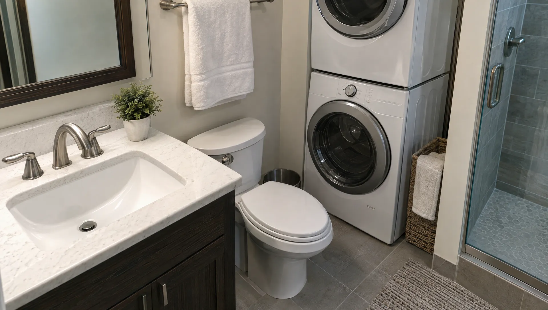 A close overhead view of a vacation home's faucet, bathroom fixtures, and laundry appliances, the everyday systems guests rely on during a stay.