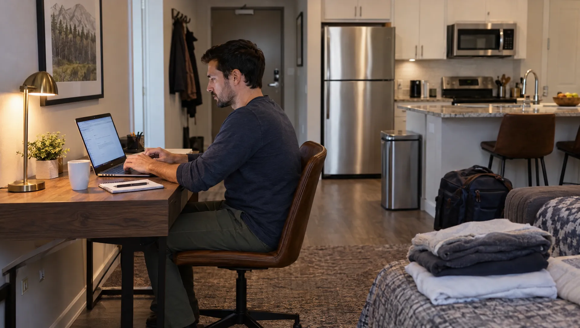 A guest works at a dedicated desk in an extended-stay rental, with the kitchen and folded laundry visible in the adjoining space.