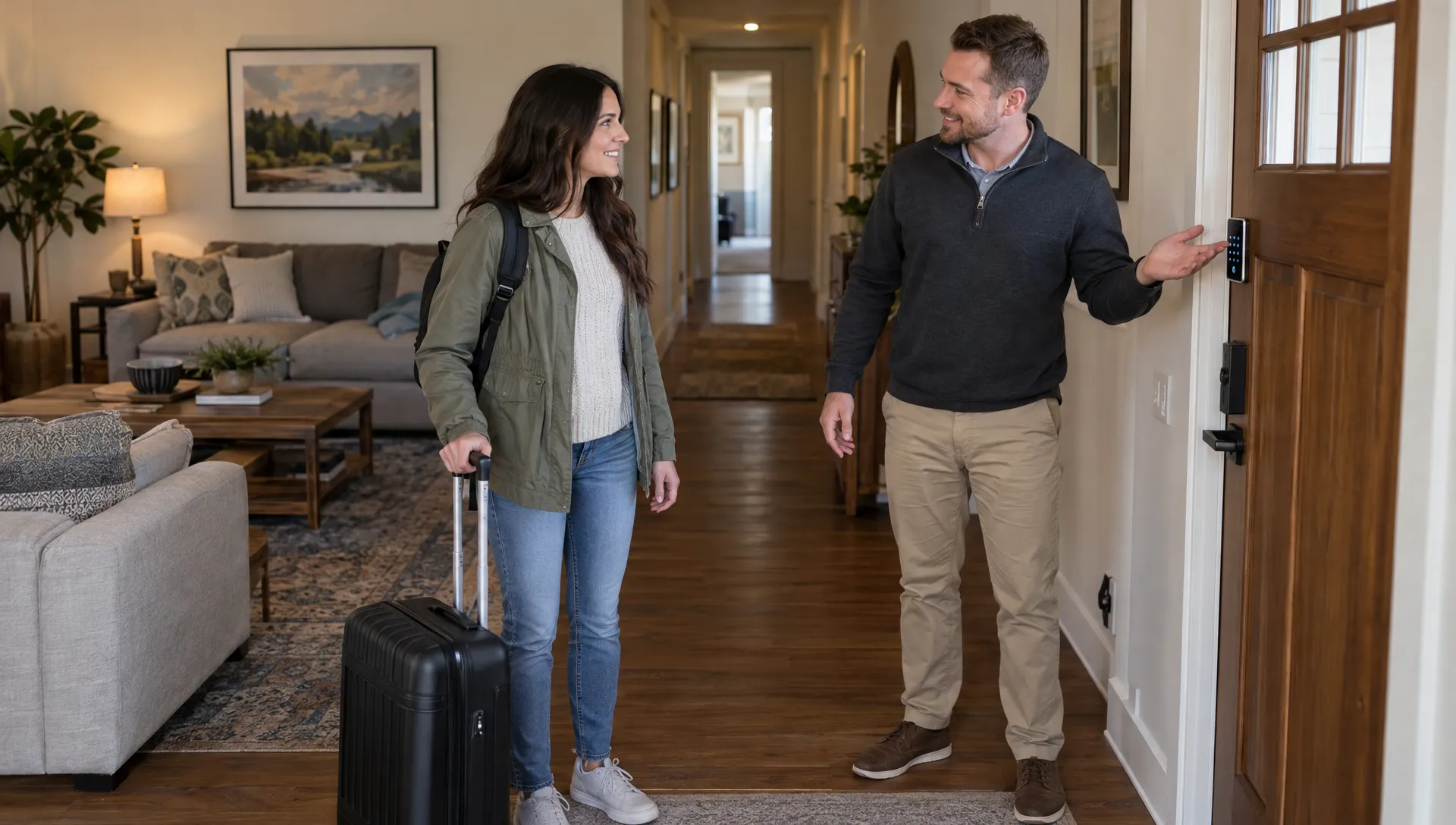A guest and property host discuss the smart-lock entry and arrival arrangements inside a private vacation home.