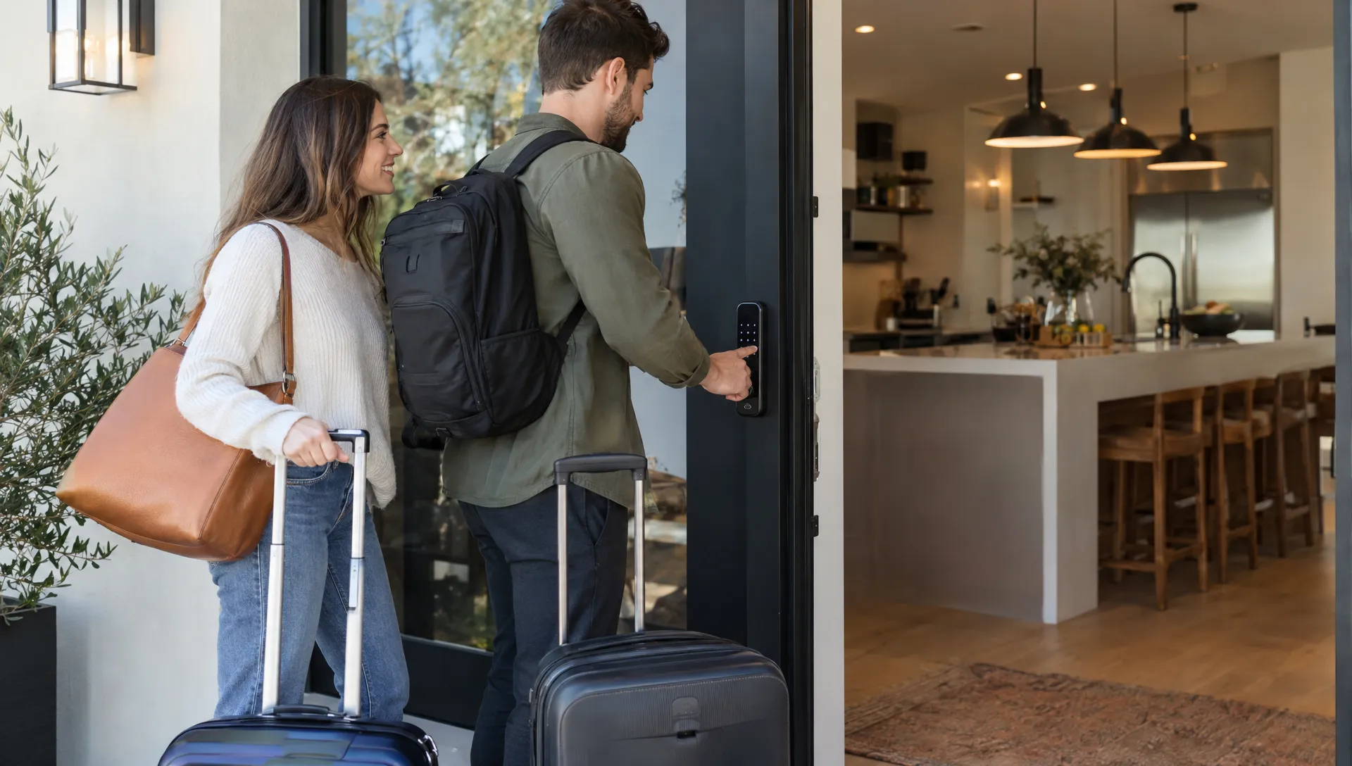 Travelers arrive at a private vacation home, with their luggage by the smart-lock entry and a prepared kitchen visible inside.