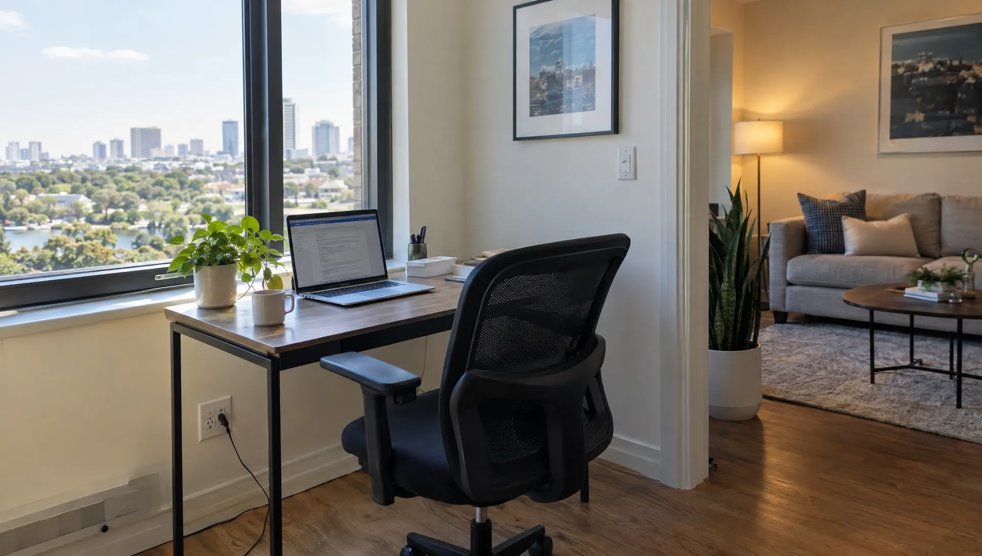 A laptop faces an adjustable chair at a window-side workspace in a private rental, with power outlets nearby and the separate living area beyond.