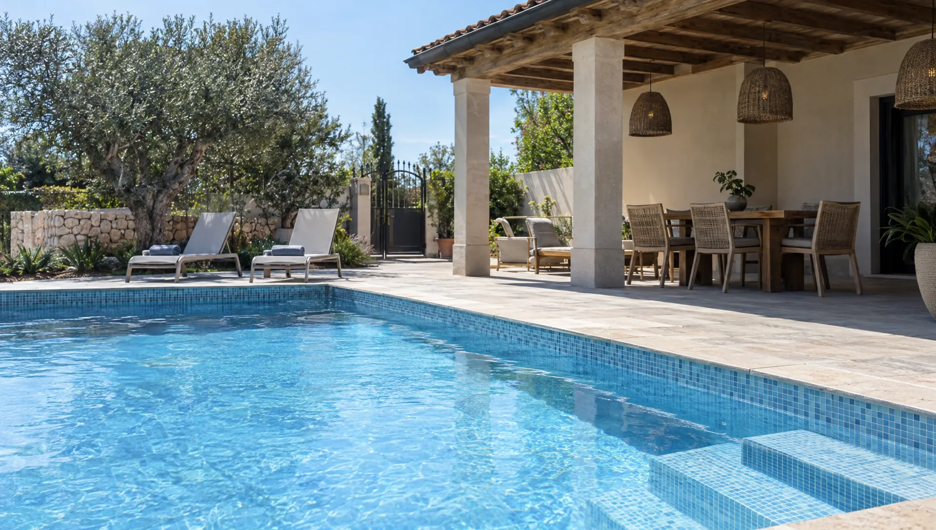 A private rental’s outdoor pool sits beside a shaded dining terrace, with a visible access gate and seating set back from the water.