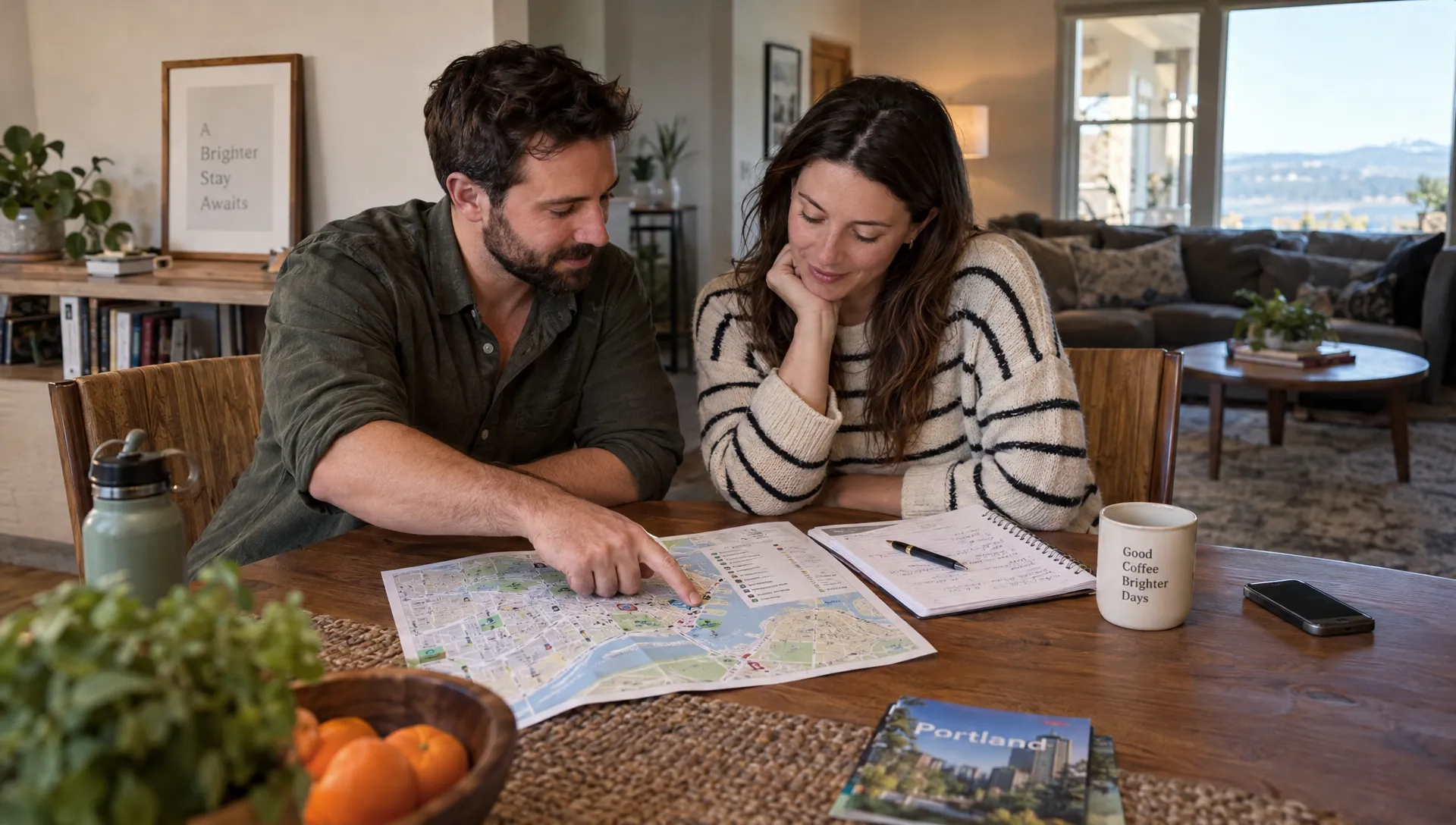 Two travelers compare a neighborhood map and trip notes at a vacation home, planning where to stay in relation to their itinerary.