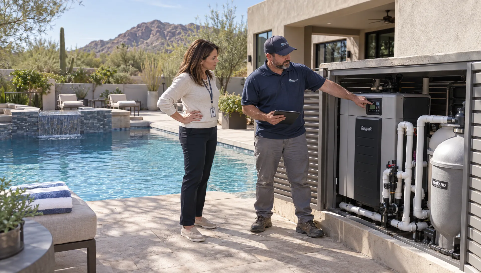 A property manager and pool technician inspect the heater beside a Scottsdale vacation rental’s private pool.