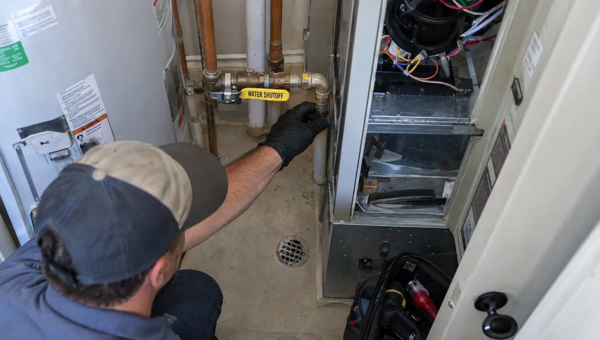 A technician checks pipes beside the labeled water shutoff in a rental home’s utility closet before guest arrival.