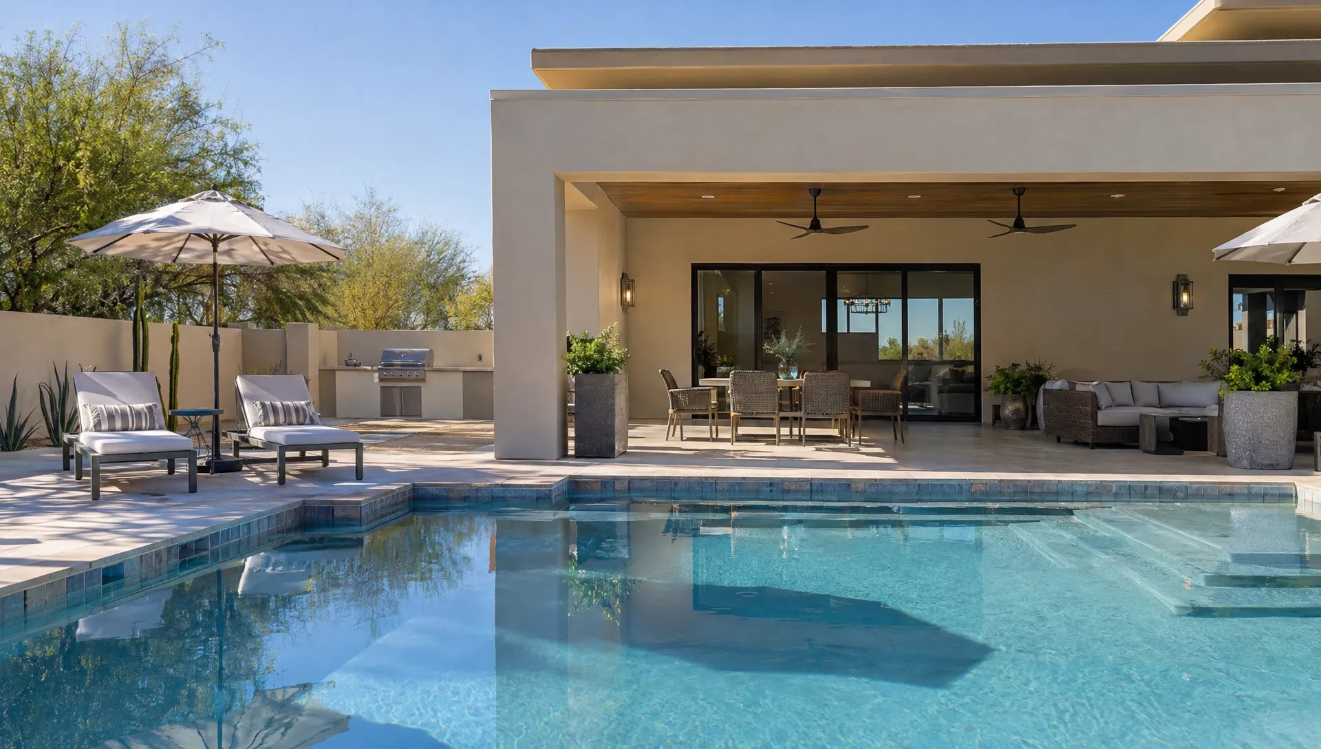 A private Scottsdale vacation home has a pool and shaded dining terrace for guests to assess before booking.