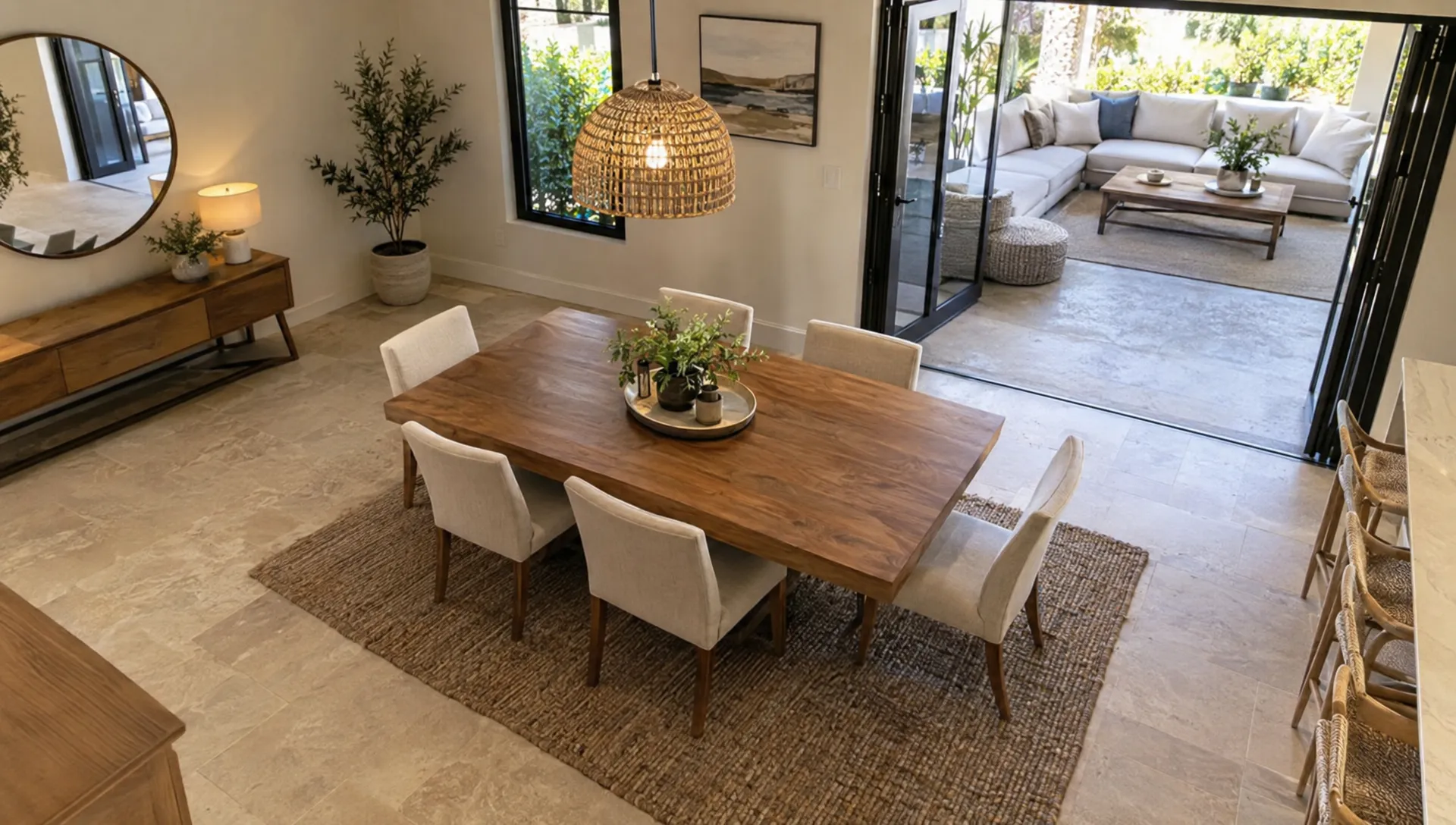A six-seat dining table and separate lounge show how a private vacation home accommodates a group.