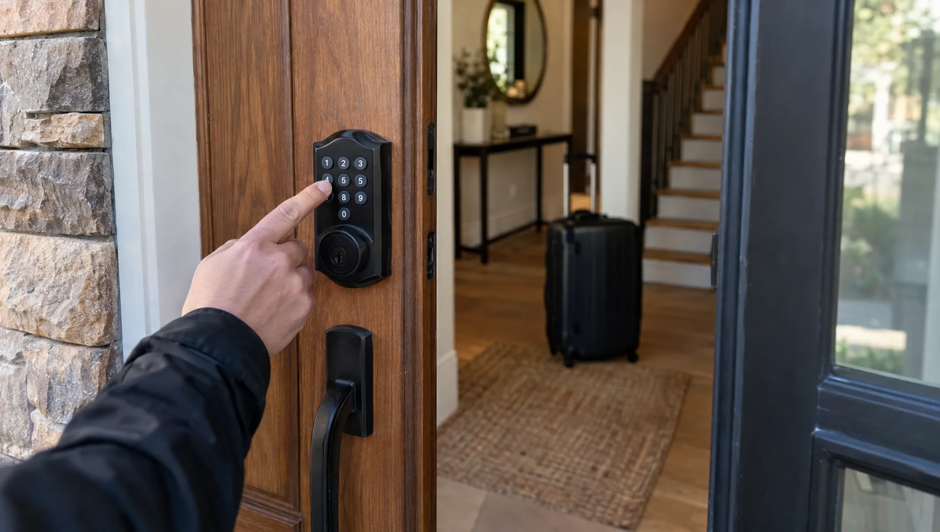 A guest enters a private vacation home using the keypad at its front door, with luggage waiting just inside.