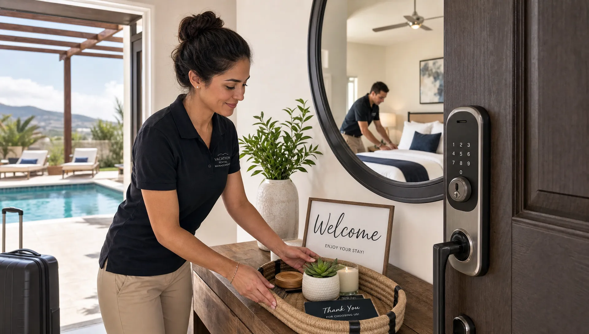 Vacation rental management team preparing a luxury home entry with fresh linens, a smart lock on the front door, a tidy welcome setup, and a glimpse of the outdoor pool area before guest arrival