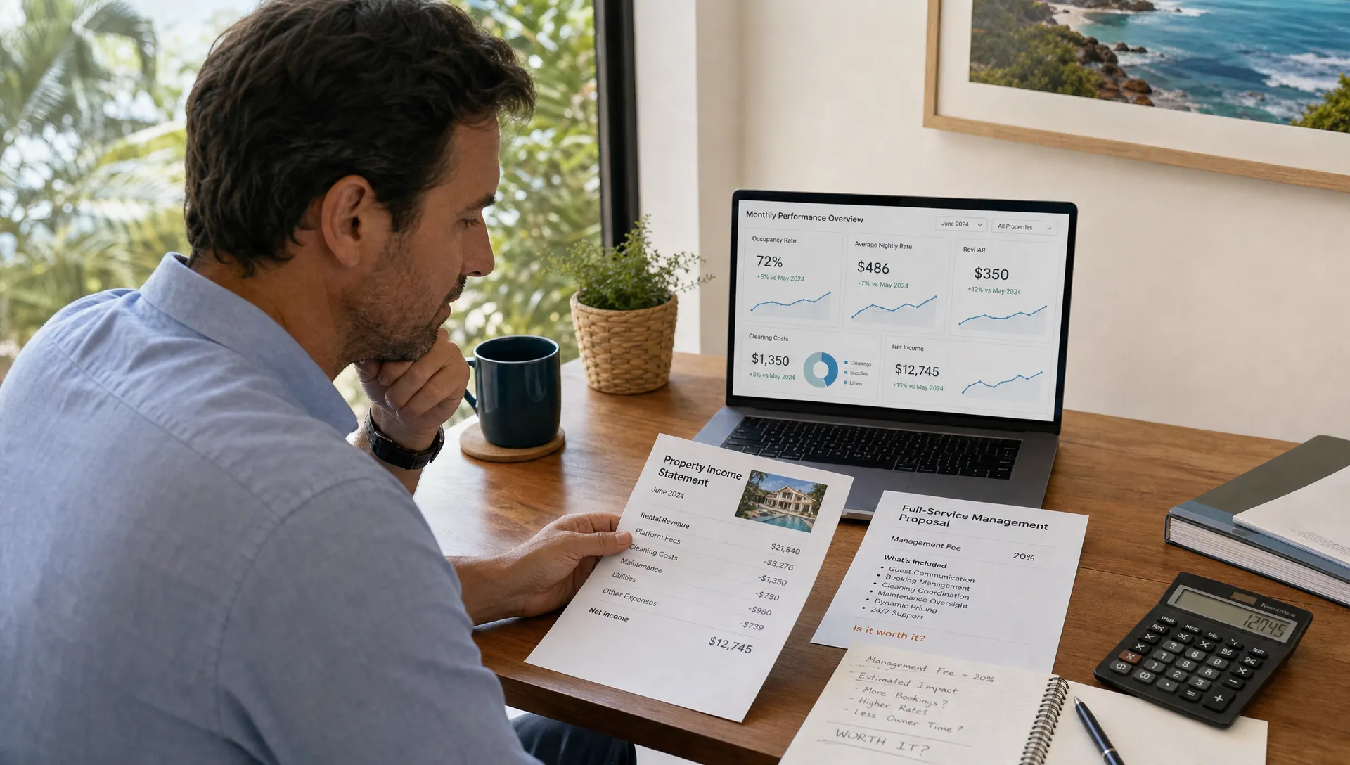 Luxury vacation rental owner reviewing occupancy, nightly rate, cleaning costs, and net income at a desk with printed reports and a calculator before deciding whether full-service management is worth the fee