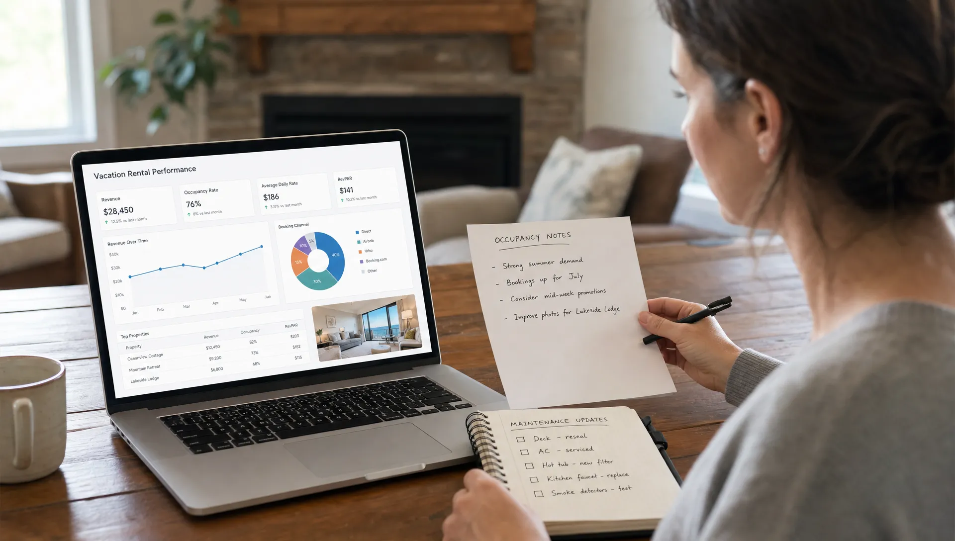 Owner reviewing vacation rental performance charts, occupancy notes, and maintenance updates beside a laptop in a quiet home setting