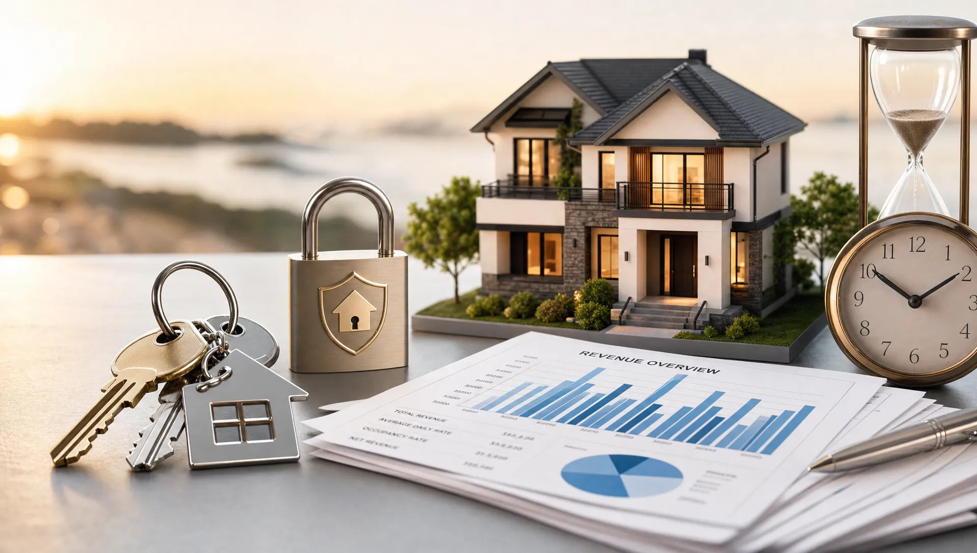 A wide conceptual scene showing a polished set of keys, a lock icon, and a stack of neatly arranged revenue charts beside a small model luxury home, with subtle signs of time savings and property protection around them, representing the payoff of professional vacation rental management without depicting a desk-heavy office or a pool home.