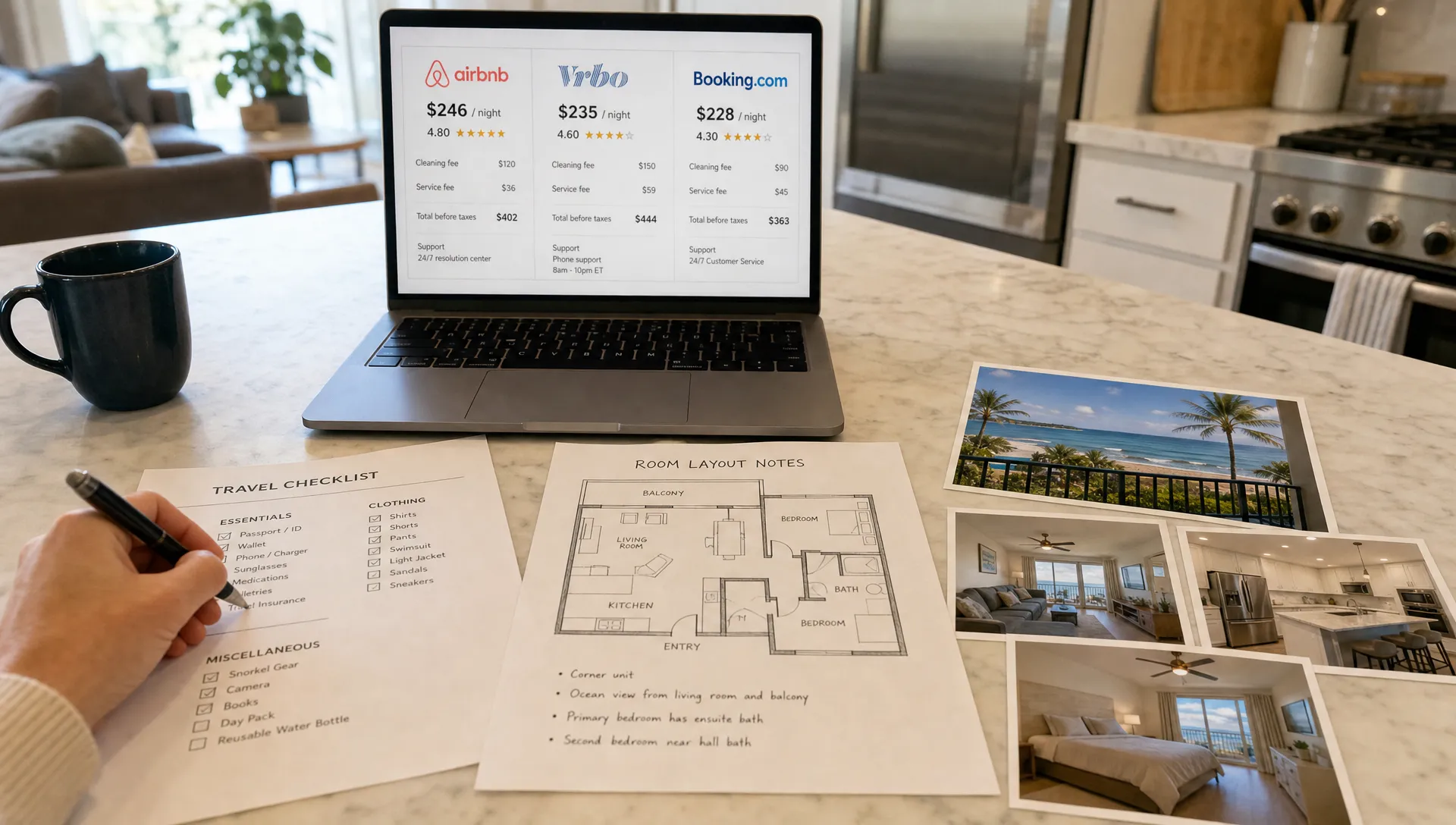 A printed travel checklist, room layout notes, and amenity photos on a kitchen island show a traveler comparing vacation rental websites for price and support.