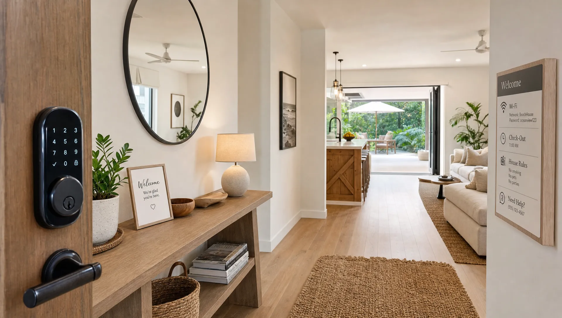 A luxury vacation rental foyer with a smart lock, welcome console, and open living area suggests a website that makes the stay clear.