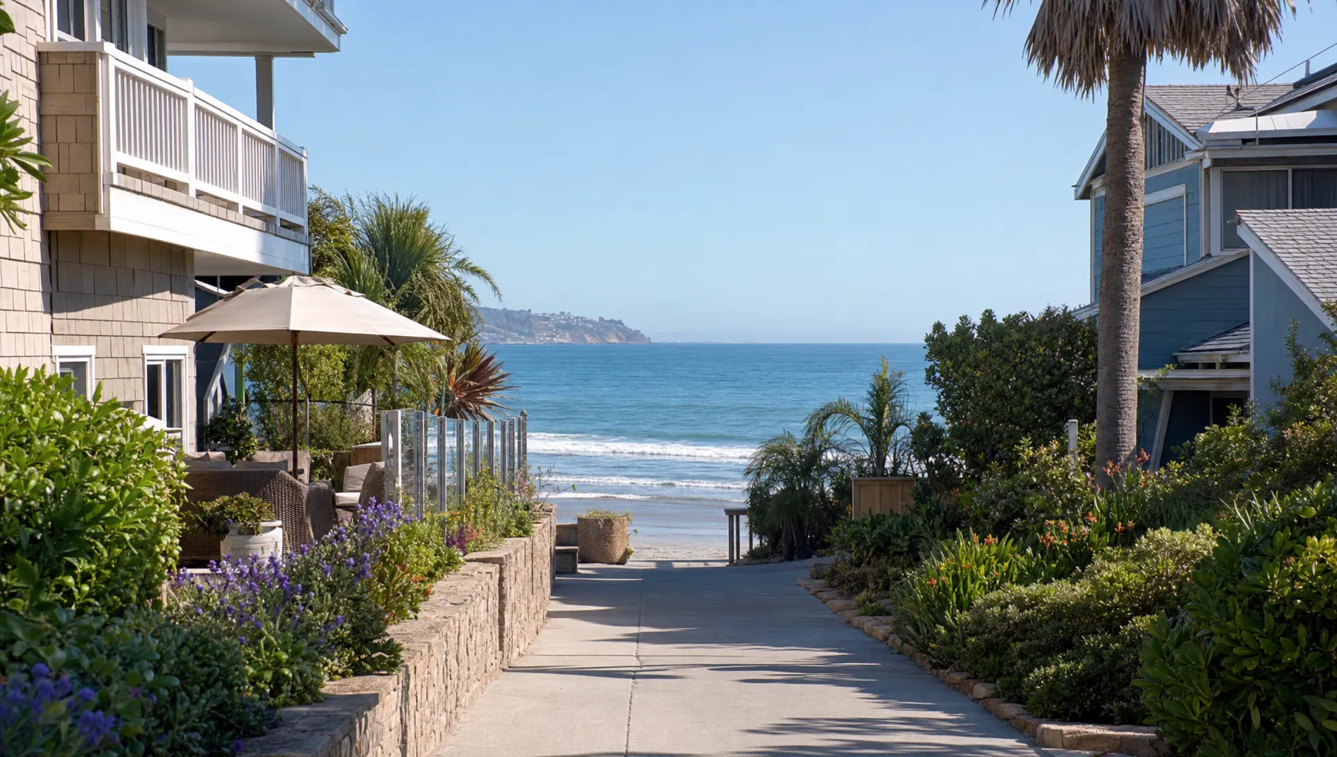 Quiet coastal neighborhood with a walkable path to the shoreline, private outdoor seating, and the ocean visible beyond the homes.