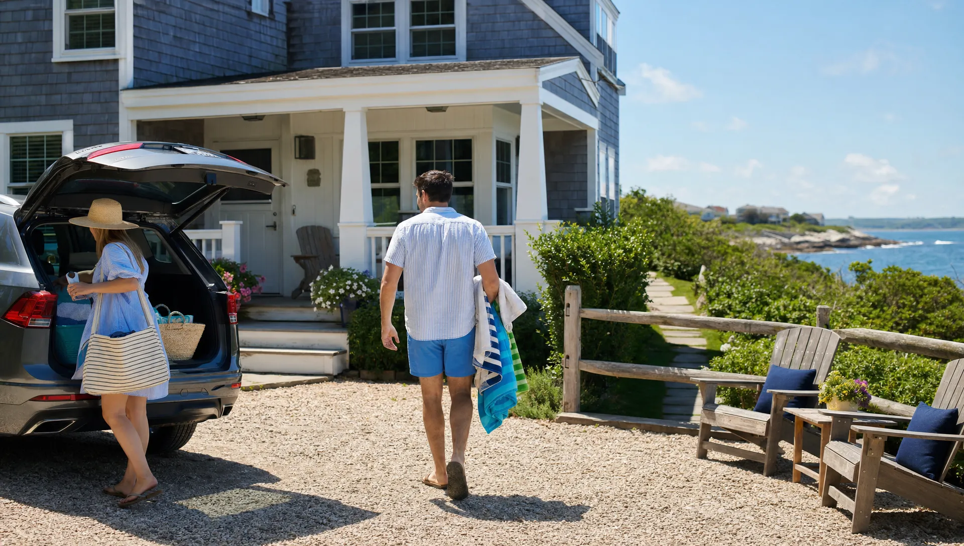 Guests returning from the beach to a private coastal vacation rental with dedicated parking, outdoor seating, beach towels, and a short walking path nearby.