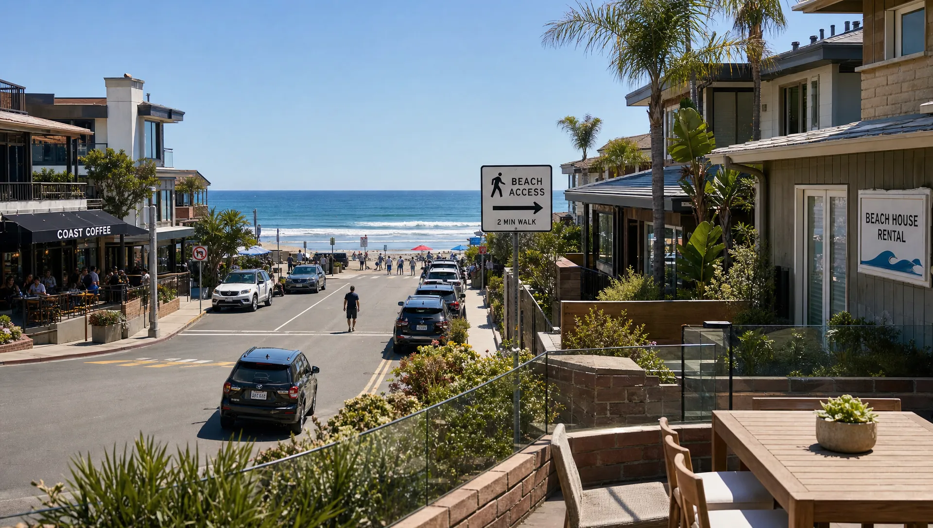 A wide coastal neighborhood scene with a private beach rental home, a clearly marked pedestrian route toward the shoreline, nearby cafés and street parking visible, and a small terrace with seating in the foreground, showing how location, access, and daily convenience work together.